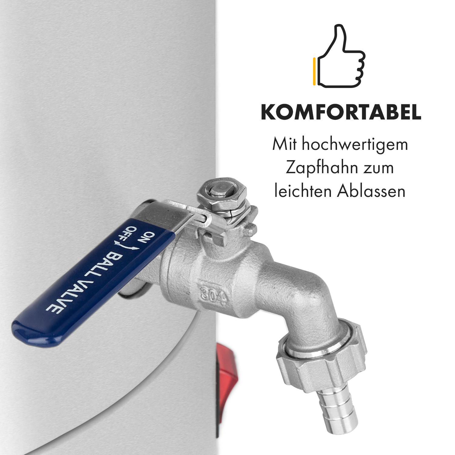 Ein Metallkugelhahn mit blauem Griff, beschriftet mit „ON“ und „OFF“, mit weißem Hintergrund.