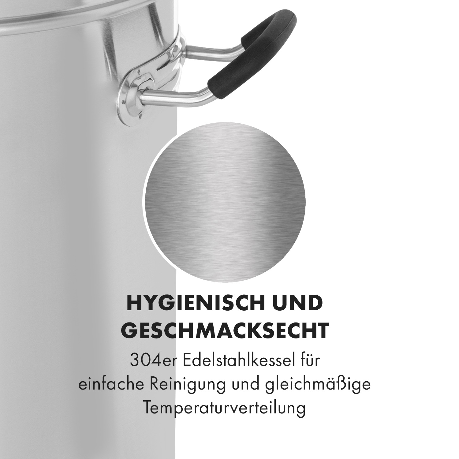 Edelstahltopf mit Griffen. Ein kreisförmiges Detail hebt die Metalltextur hervor.
