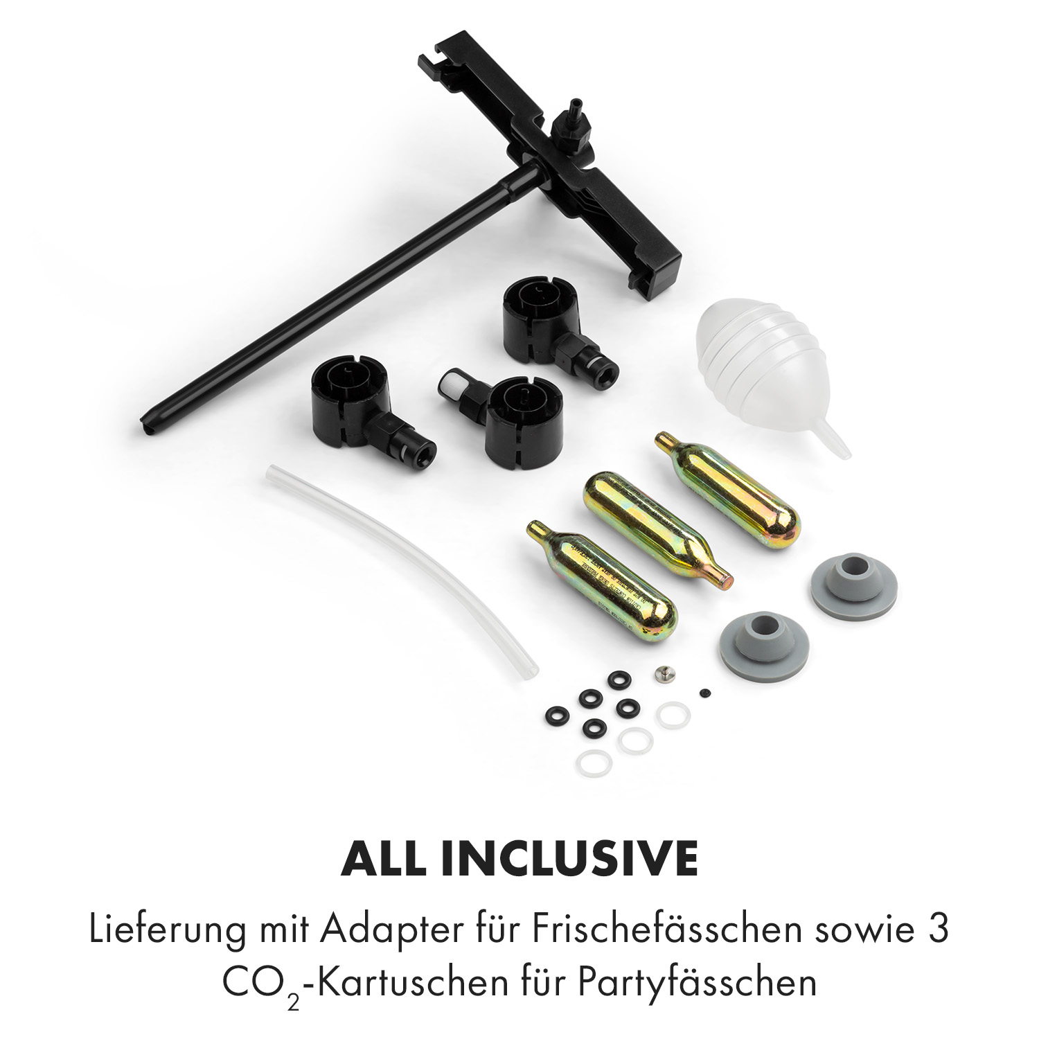 Verschiedene Teile eines Getränkesystems, darunter Kanister, Schläuche und Anschlüsse. Text: 'All inclusive'.