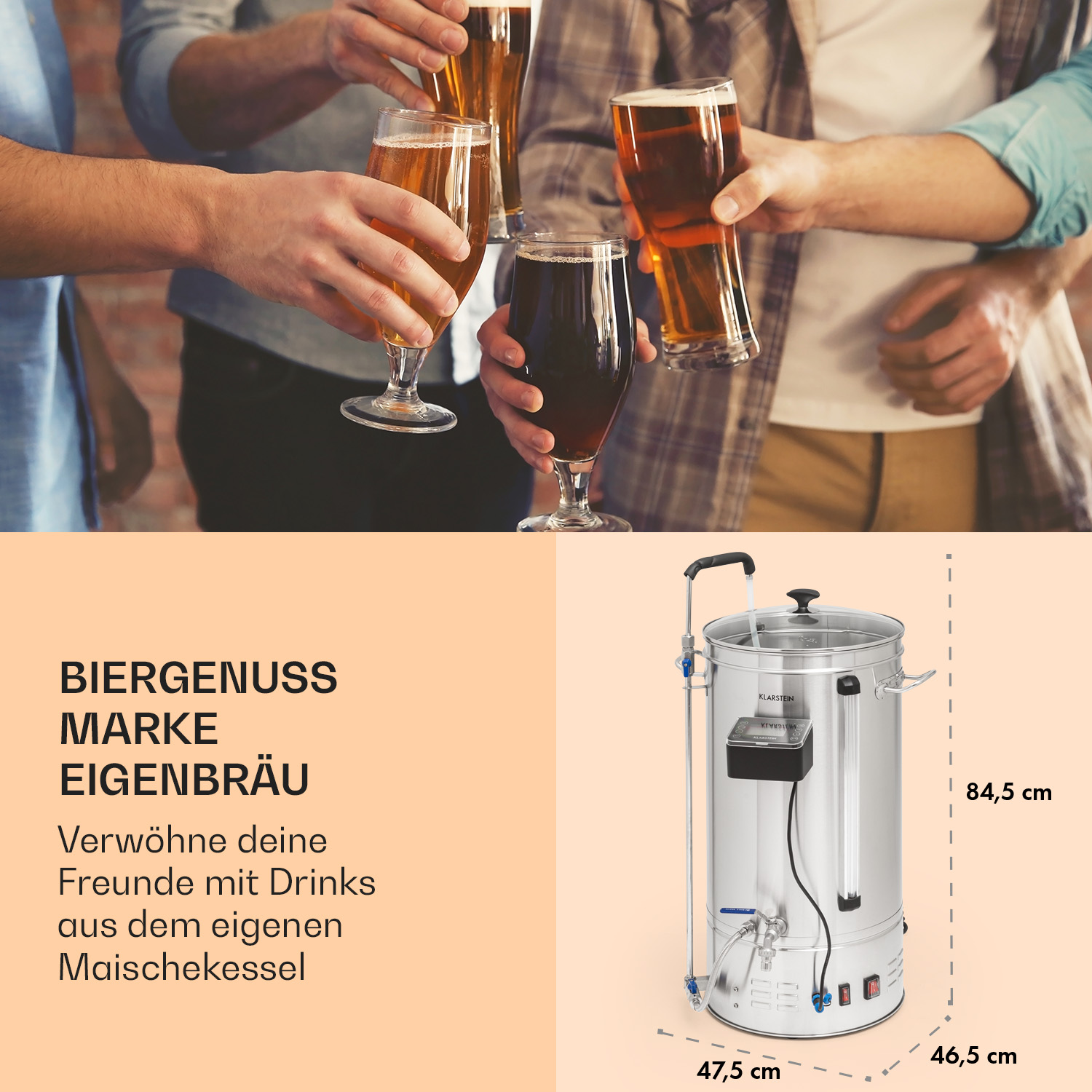 Eine Person, die ein Bierglas hält, mit einem Bierbrausystem im Hintergrund.