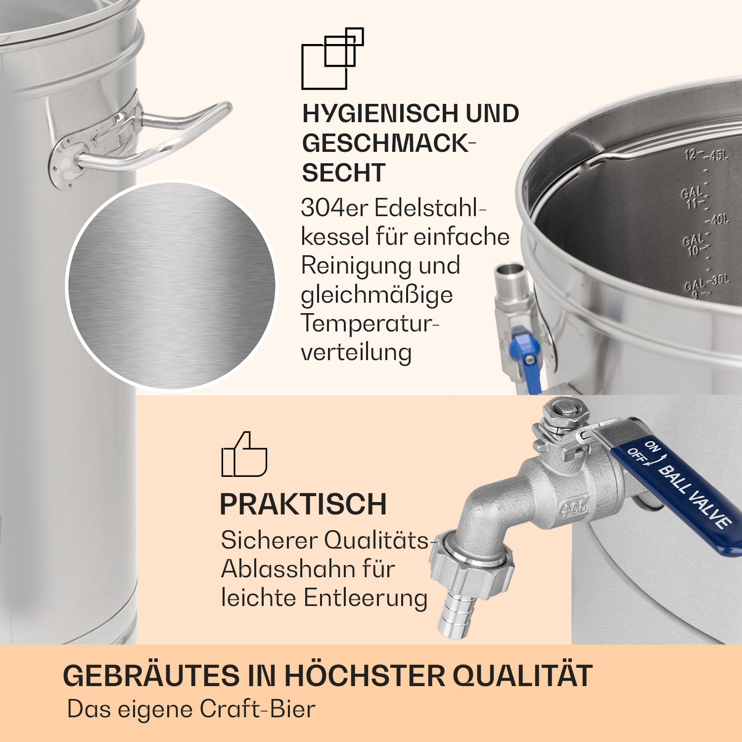 Edelstahl-Brautopf mit Kugelhahn und Text. Nahaufnahme des Topfes.