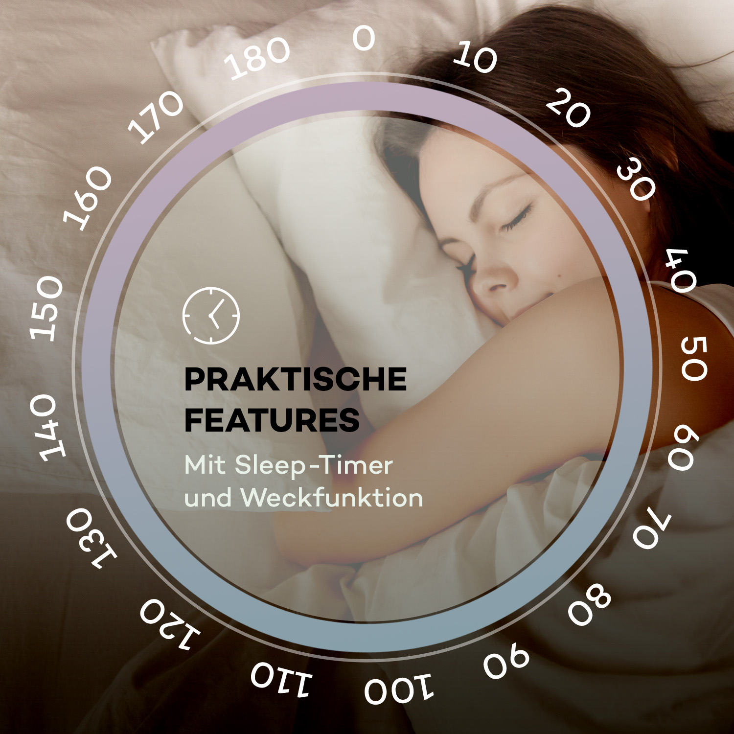 Eine Frau schläft im Bett, umgeben von einem kreisförmigen Zifferblatt mit Zahlen.