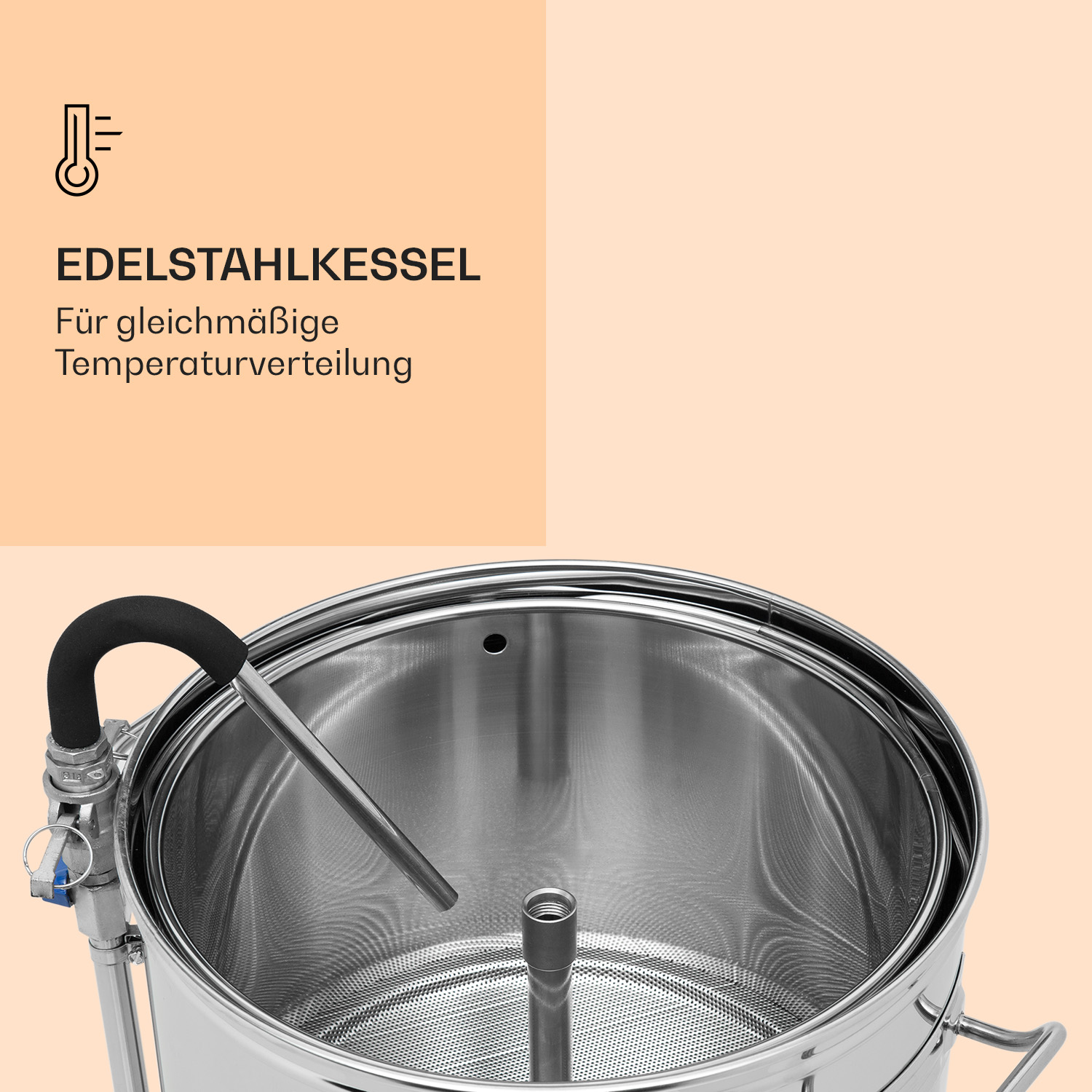 Bouilloire en acier inoxydable avec indicateur de température.