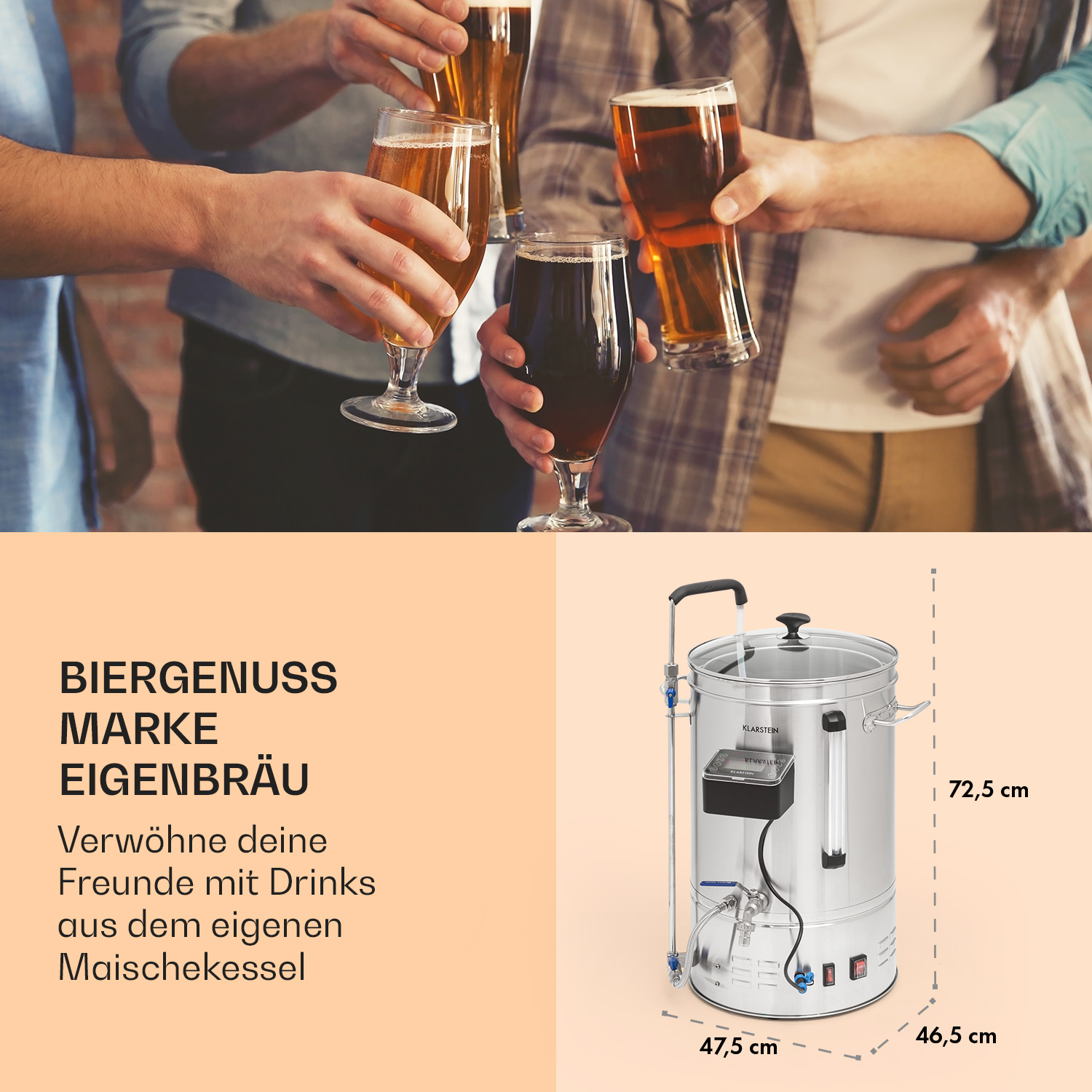 Persone che brindano con bicchieri di birra e un sistema di produzione della birra.