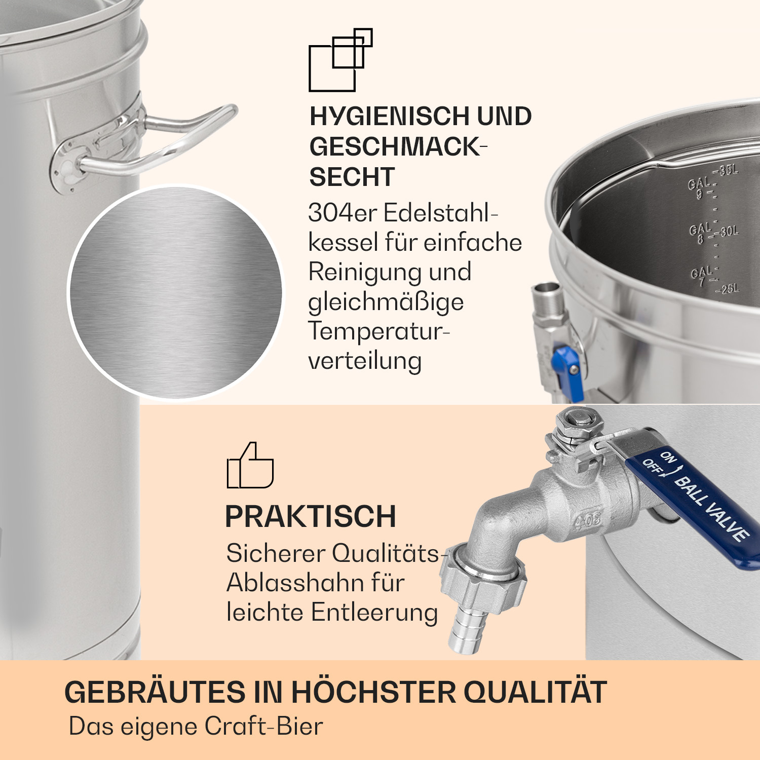 Primo piano di attrezzatura per birrificazione in acciaio inox con valvola a sfera e testo.