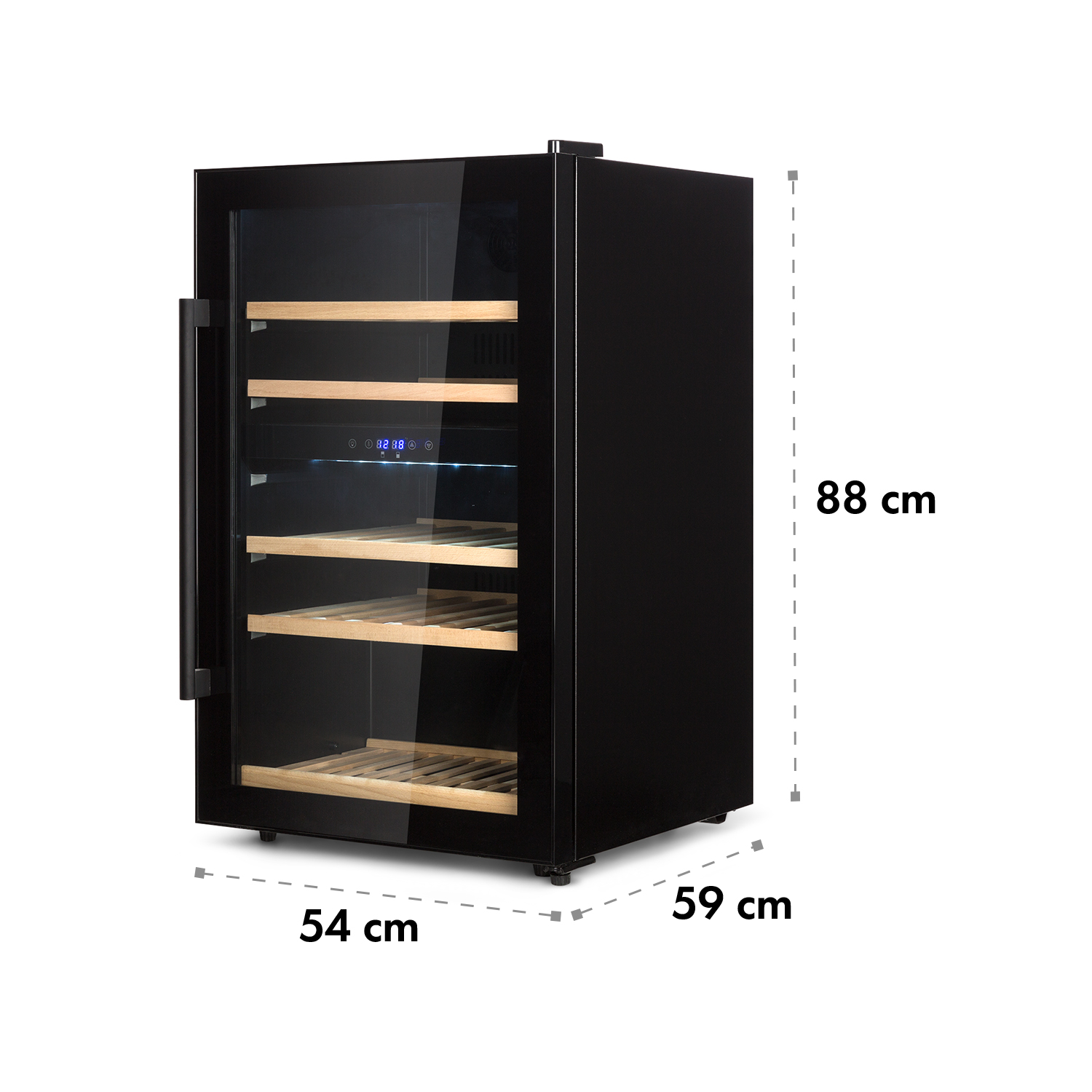 Ein schwarzer Weinkühler mit den Maßen: 88cm hoch, 54cm breit und 59cm tief.