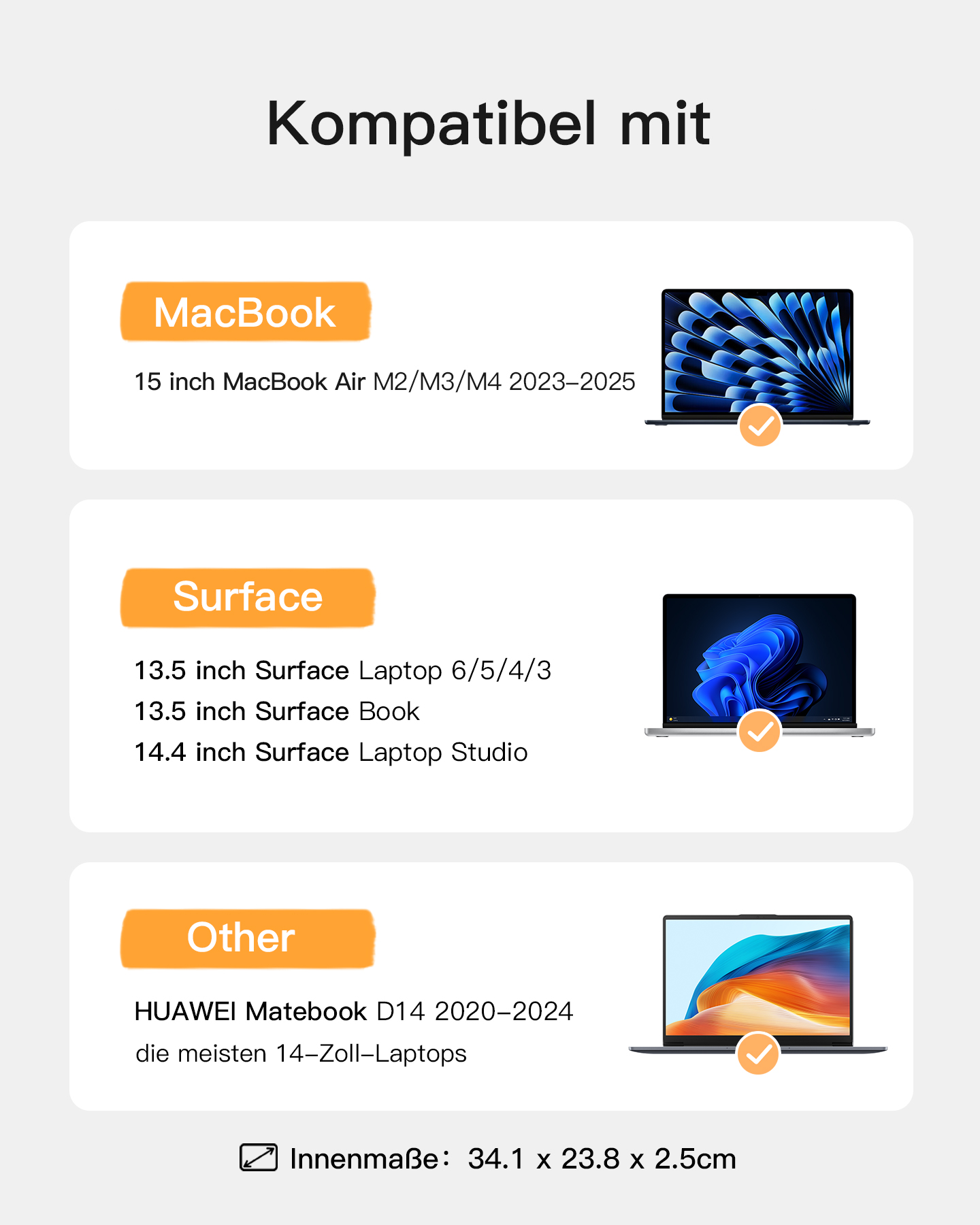 Grafik, die die mit einem Produkt kompatiblen Geräte zeigt, einschließlich MacBook- und Surface-Laptops.
