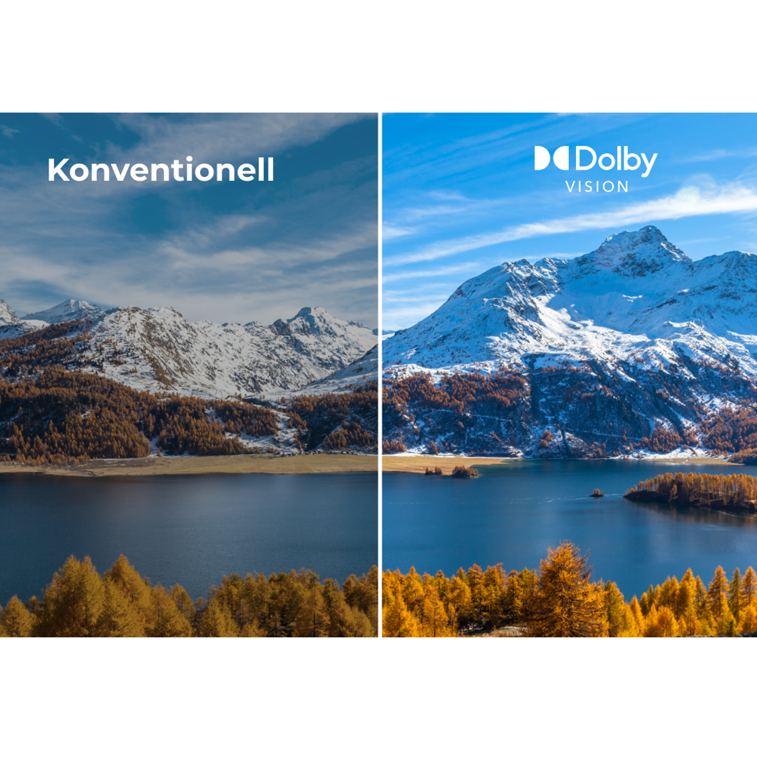 Zwei Landschaftsbilder: eines ist „konventionell“, das andere „Dolby Vision“, das einen Bergsee zeigt.