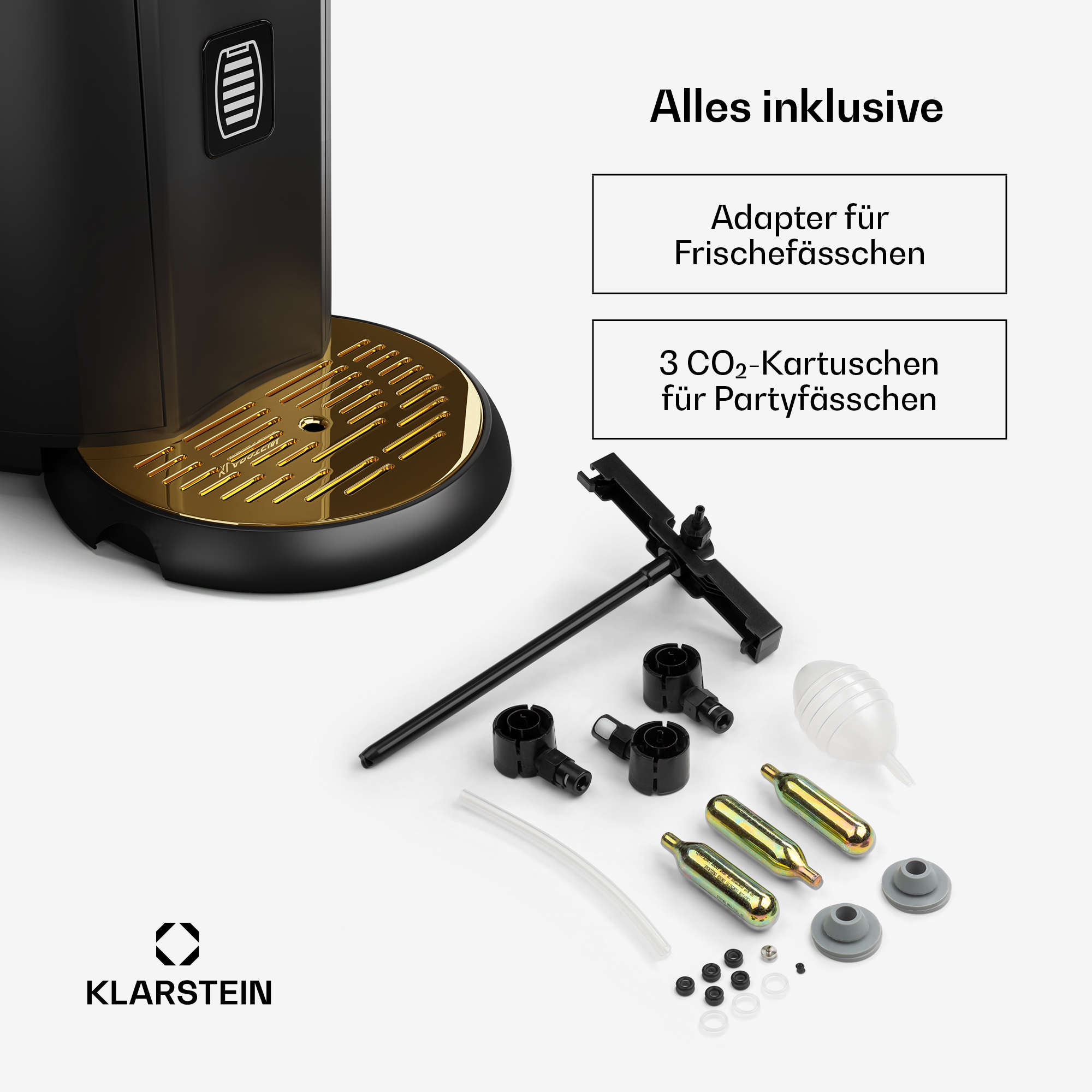 Schwarzer und goldener Kegerator mit Komponenten. Weißer Hintergrund. Text auf Deutsch.