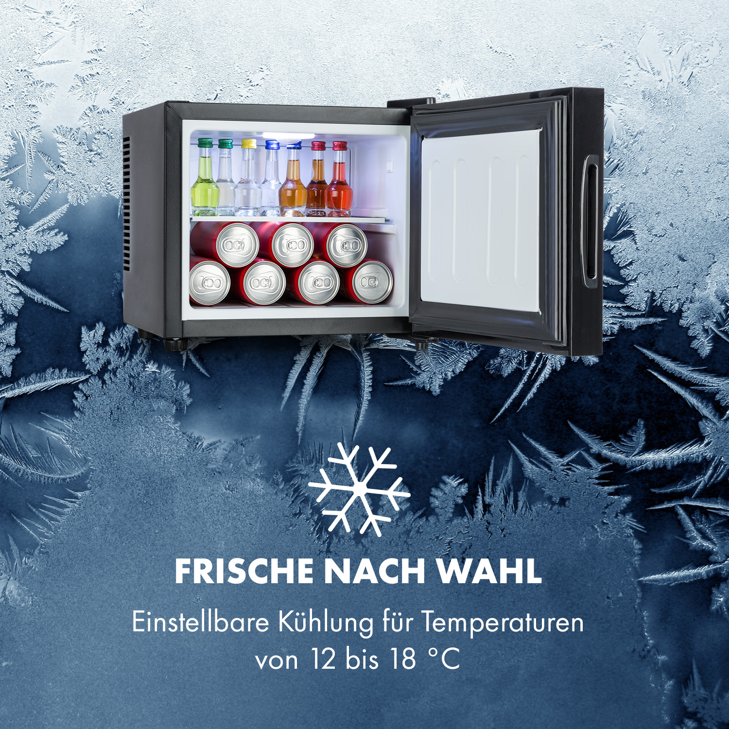 Mini frigo con varie bevande all'interno. Lo sfondo mostra un effetto brina.