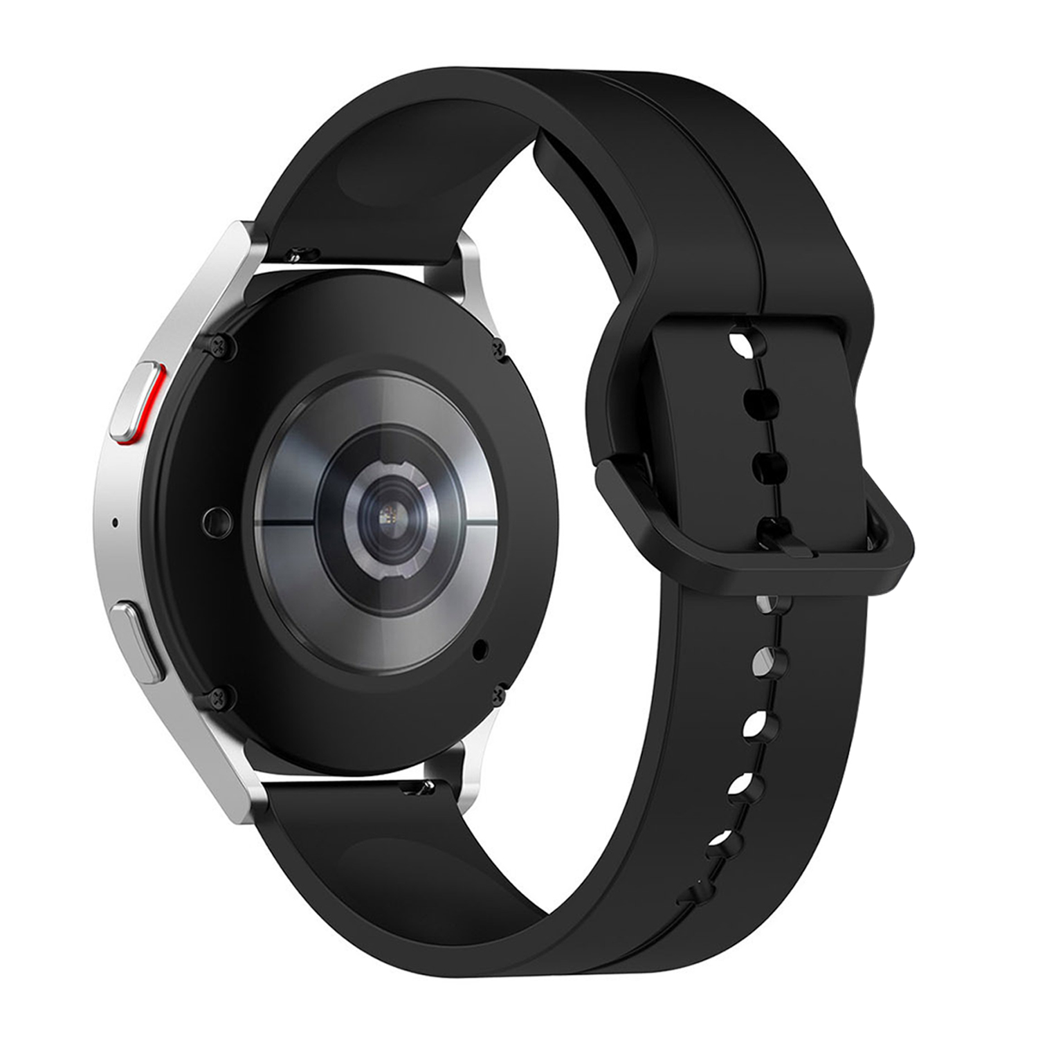 Smartwatch, schwarzes Armband und silbernes Gehäuse, Rückansicht mit Sensor.