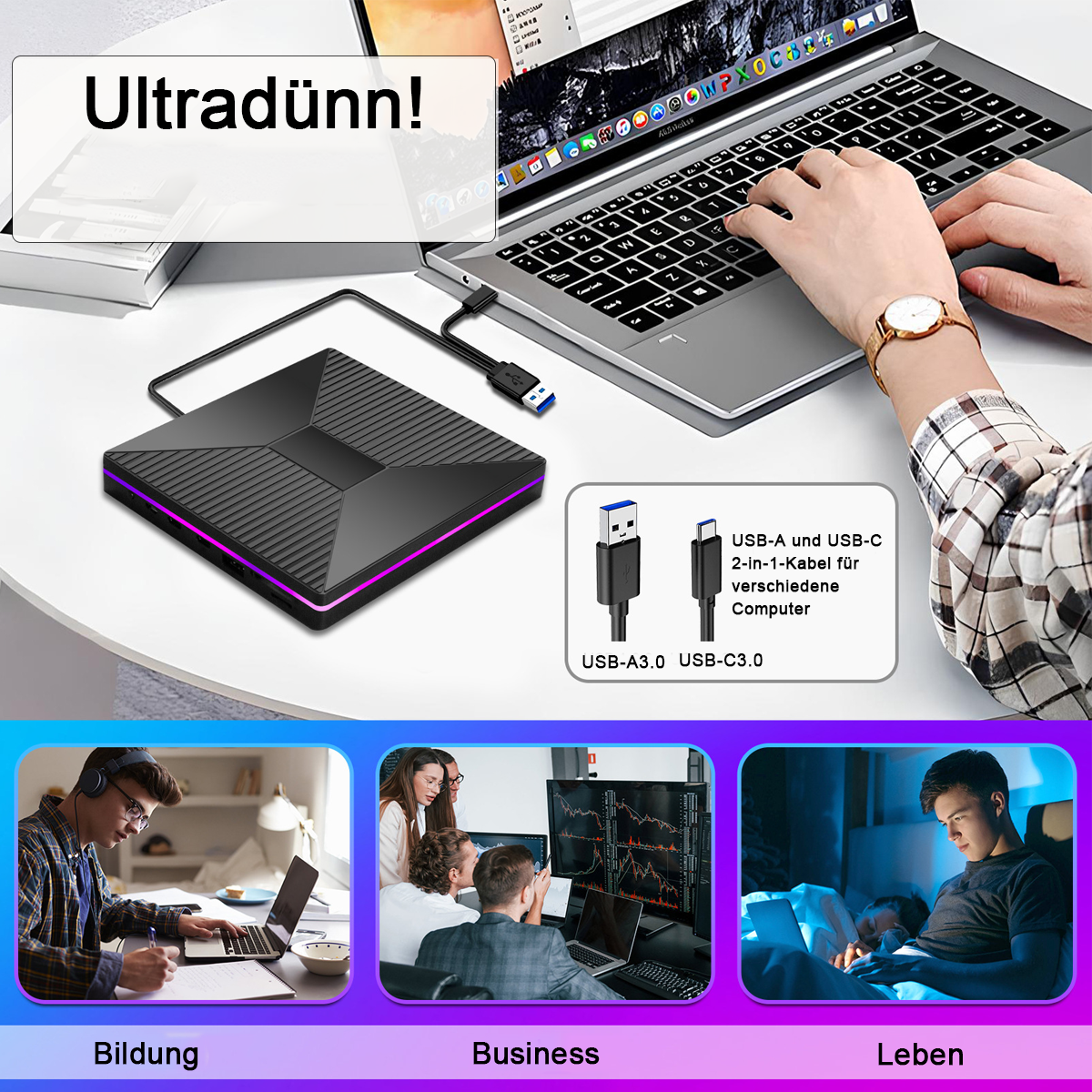 Ein Laptop, der mit einem externen Gerät verbunden ist. Drei kleinere Bilder zeigen Nutzungsszenarien: Bildung, Business und Leben.