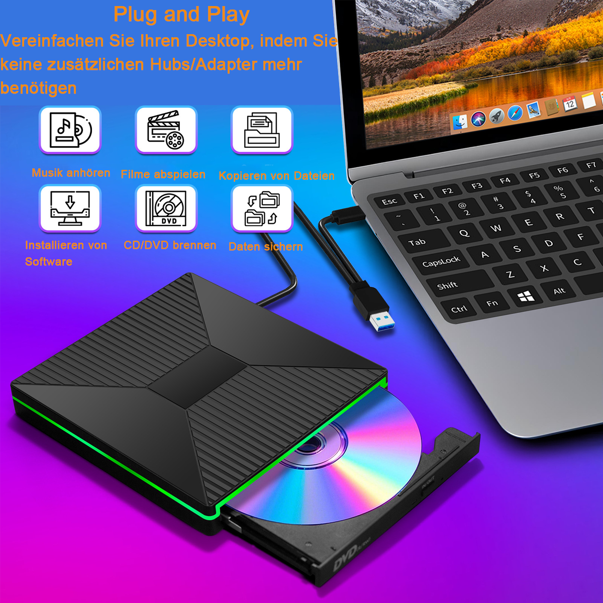 Ein Laptop, verbunden mit einem externen DVD-Player mit CD. Links Symbole.