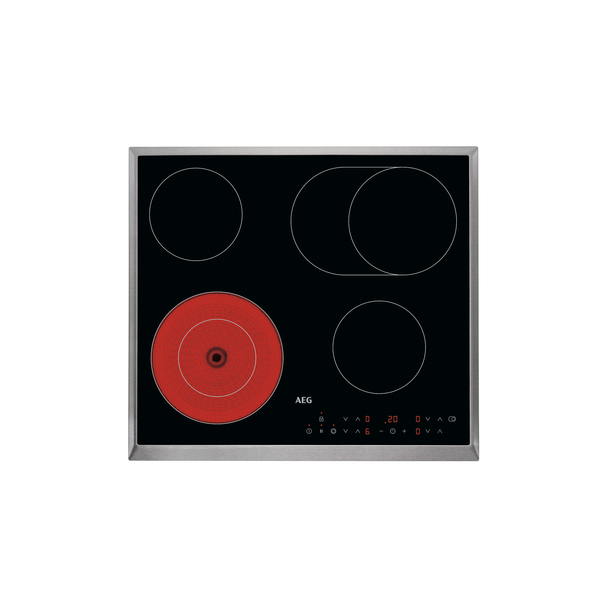 Czarna elektryczna płyta grzejna. Ma cztery okrągłe elementy grzejne, jeden czerwony aktywny, z logo AEG.