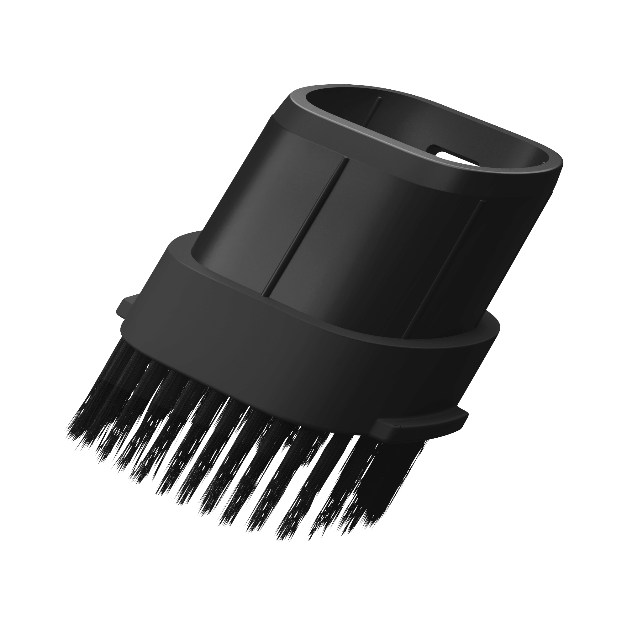 Accesorio de cepillo negro para aspiradora. El cepillo tiene cerdas negras y un diseño curvo.