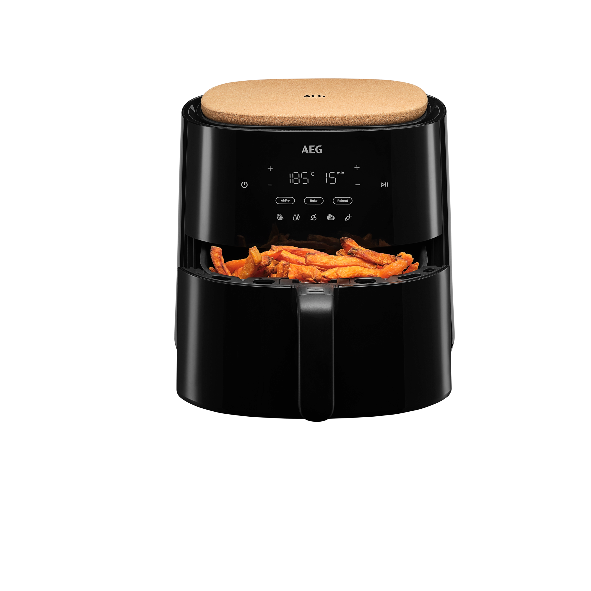 Friggitrice ad aria nera con patate dolci fritte, coperchio in legno sopra.