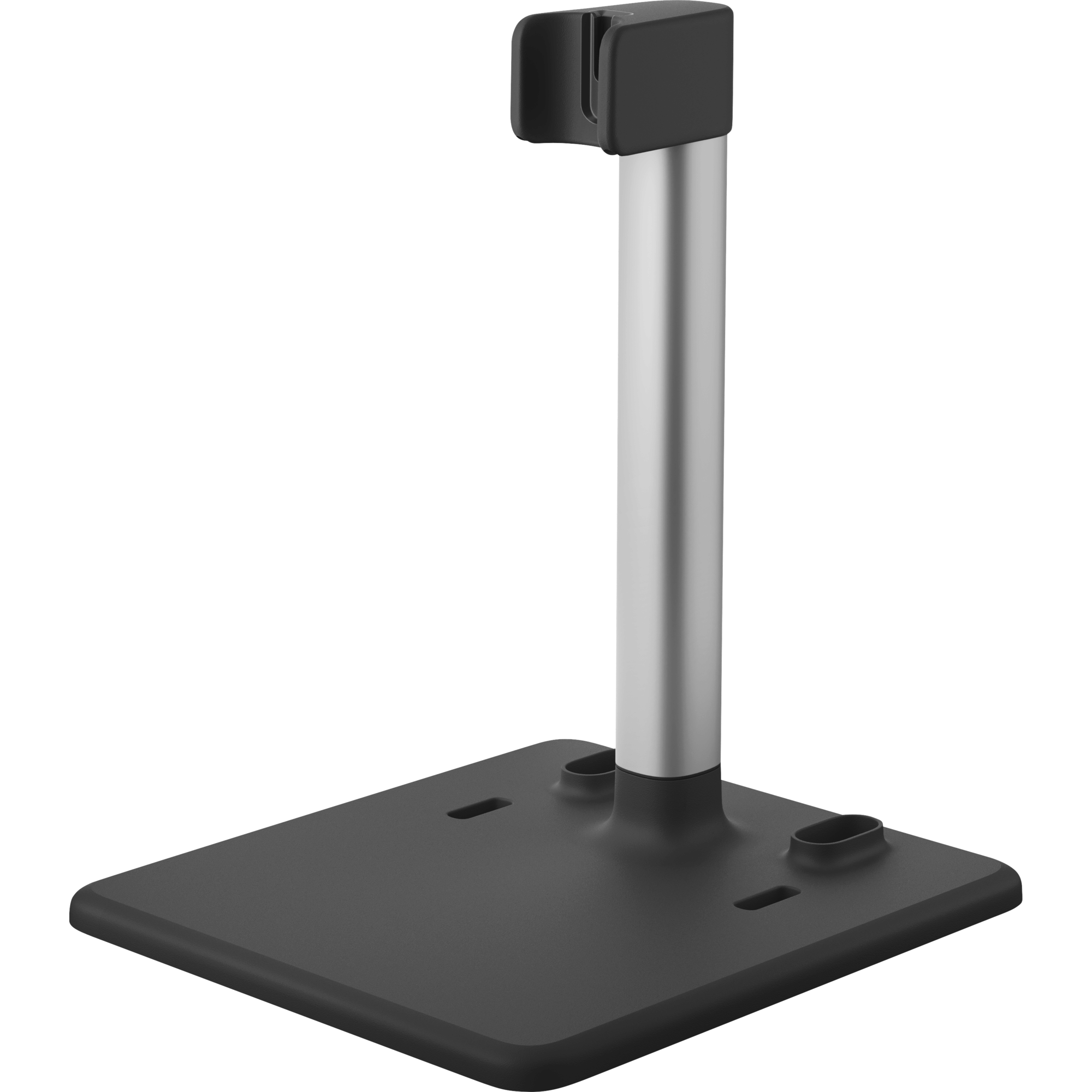 Un supporto per cellulare nero e argento su sfondo nero.