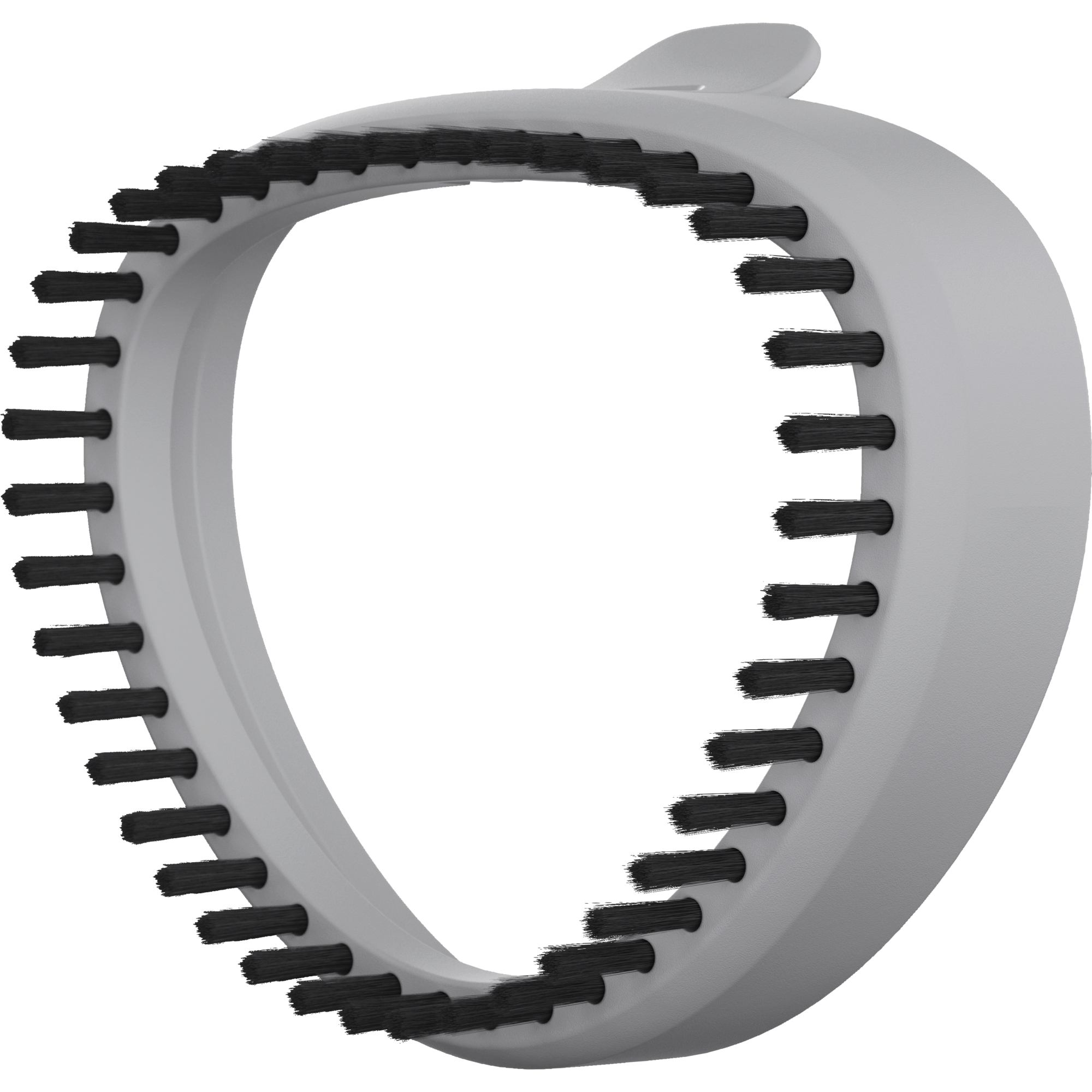 Un cabezal de cepillo gris con cerdas negras. El cabezal del cepillo es curvo y tiene forma circular.