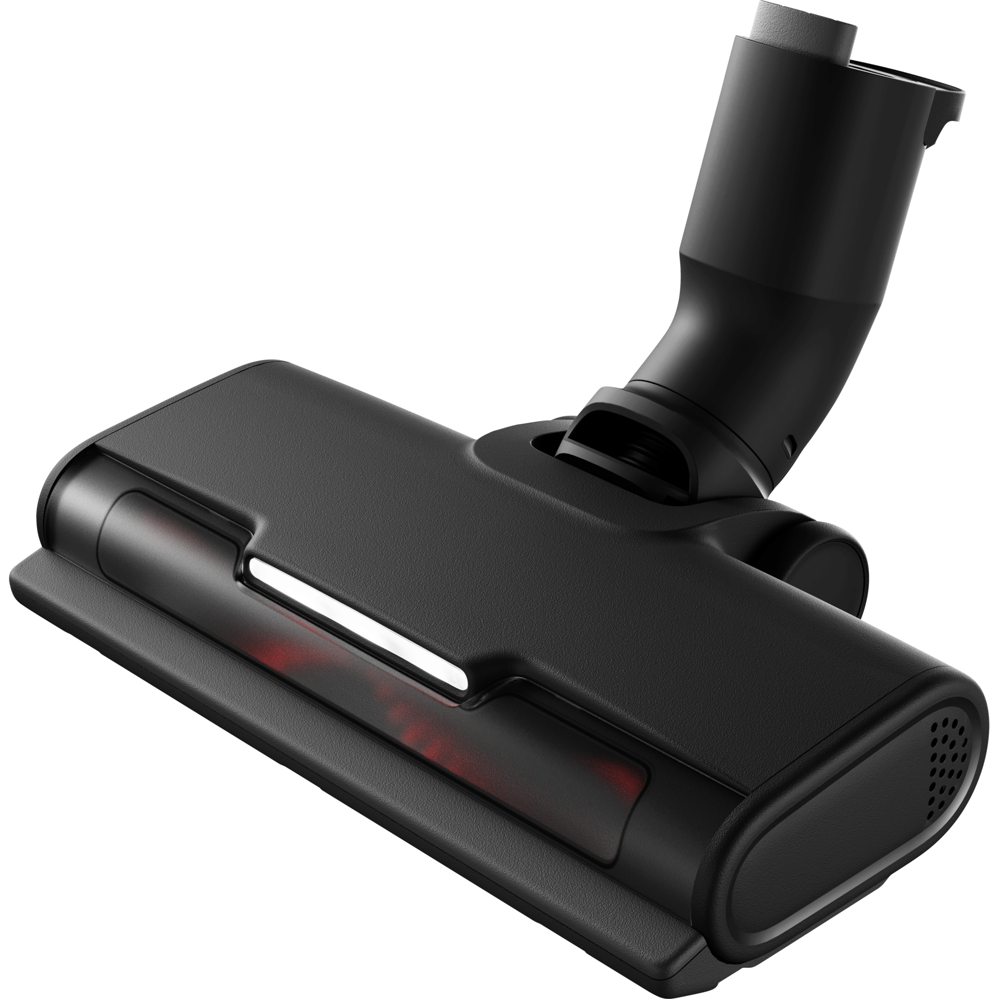 Un cabezal de aspiradora negro. Tiene forma rectangular con luz roja y parte superior curva.