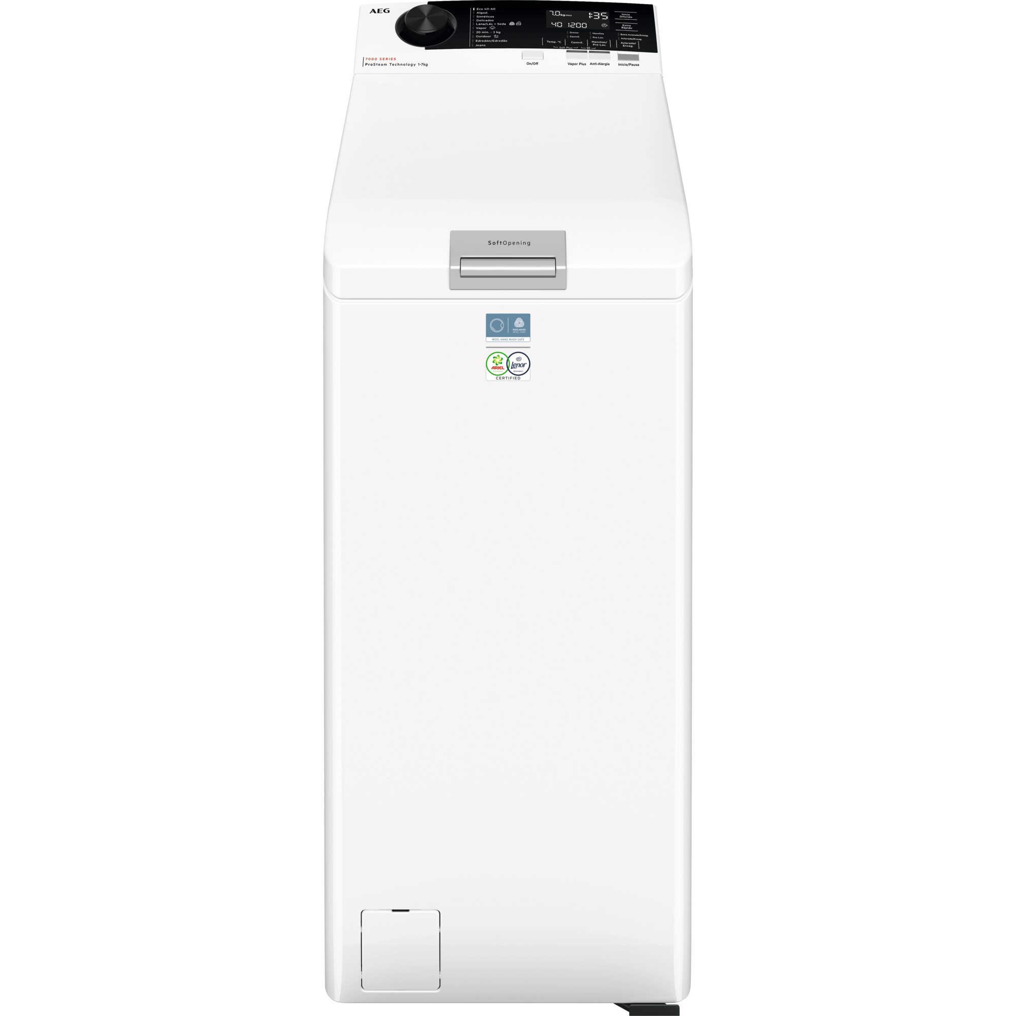 Biała pralka z czarnym panelem górnym. Posiada wyświetlacz cyfrowy i panel sterowania.