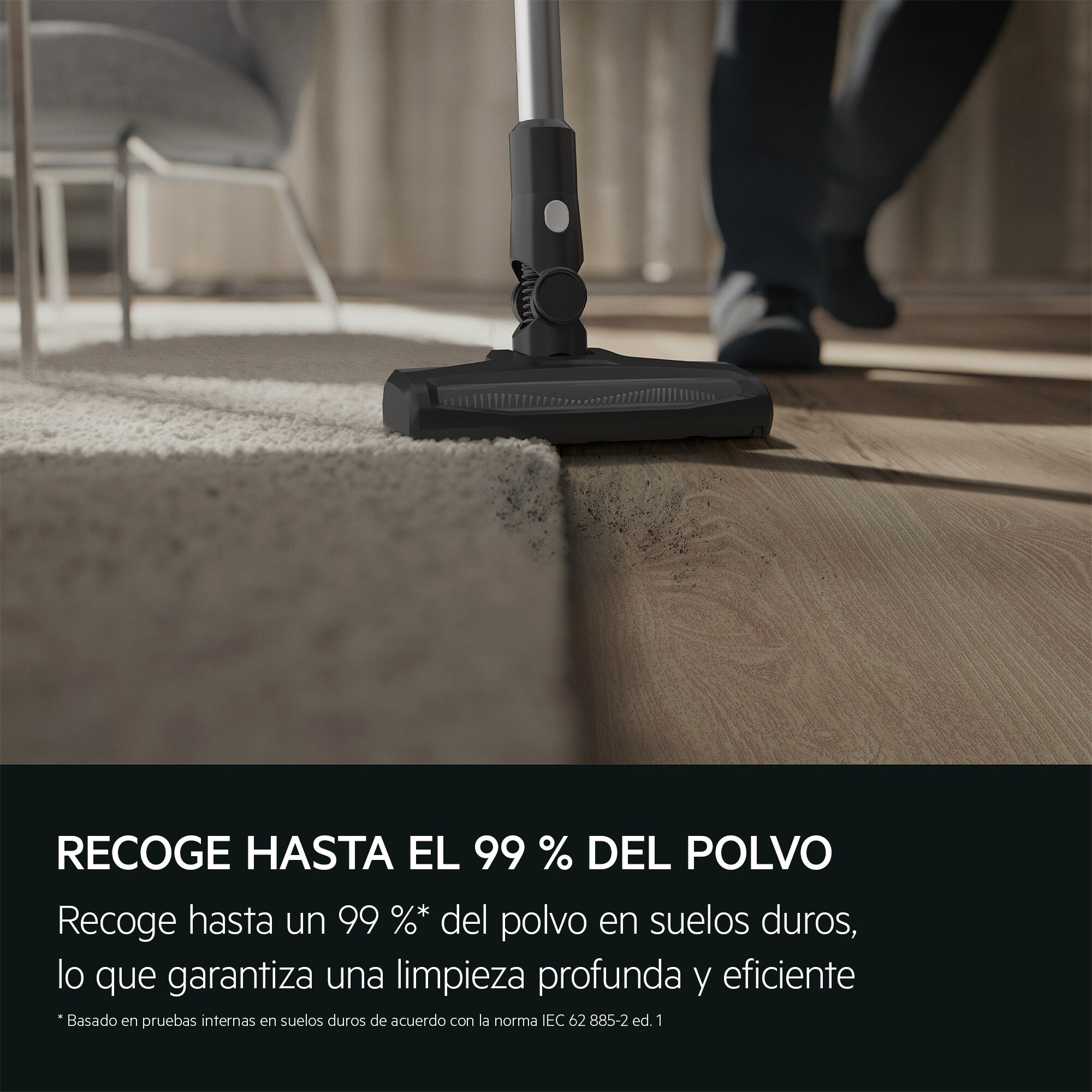 Testa dell'aspirapolvere che pulisce moquette e pavimento in legno con testo in basso.