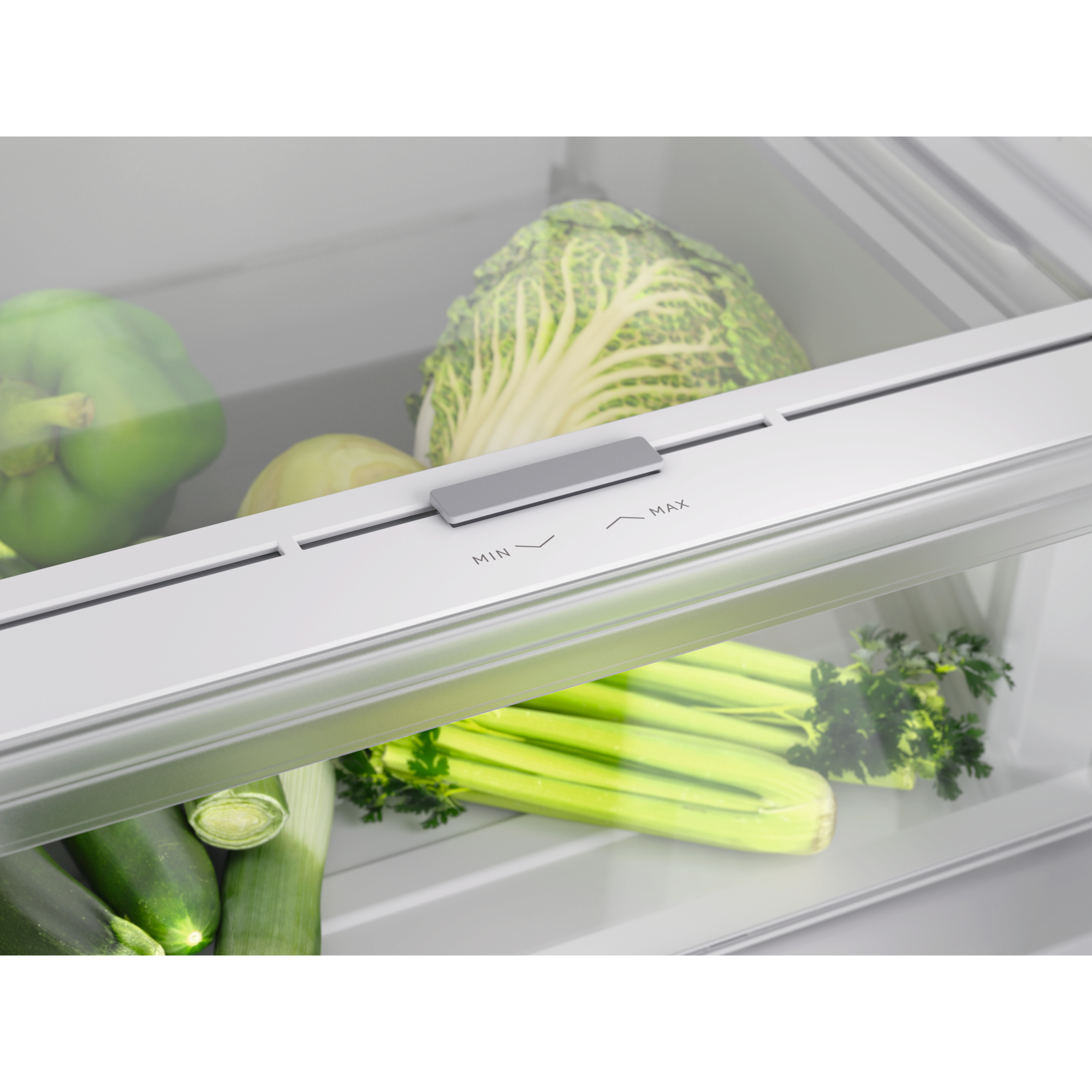 Primer plano del interior de un refrigerador con verduras.