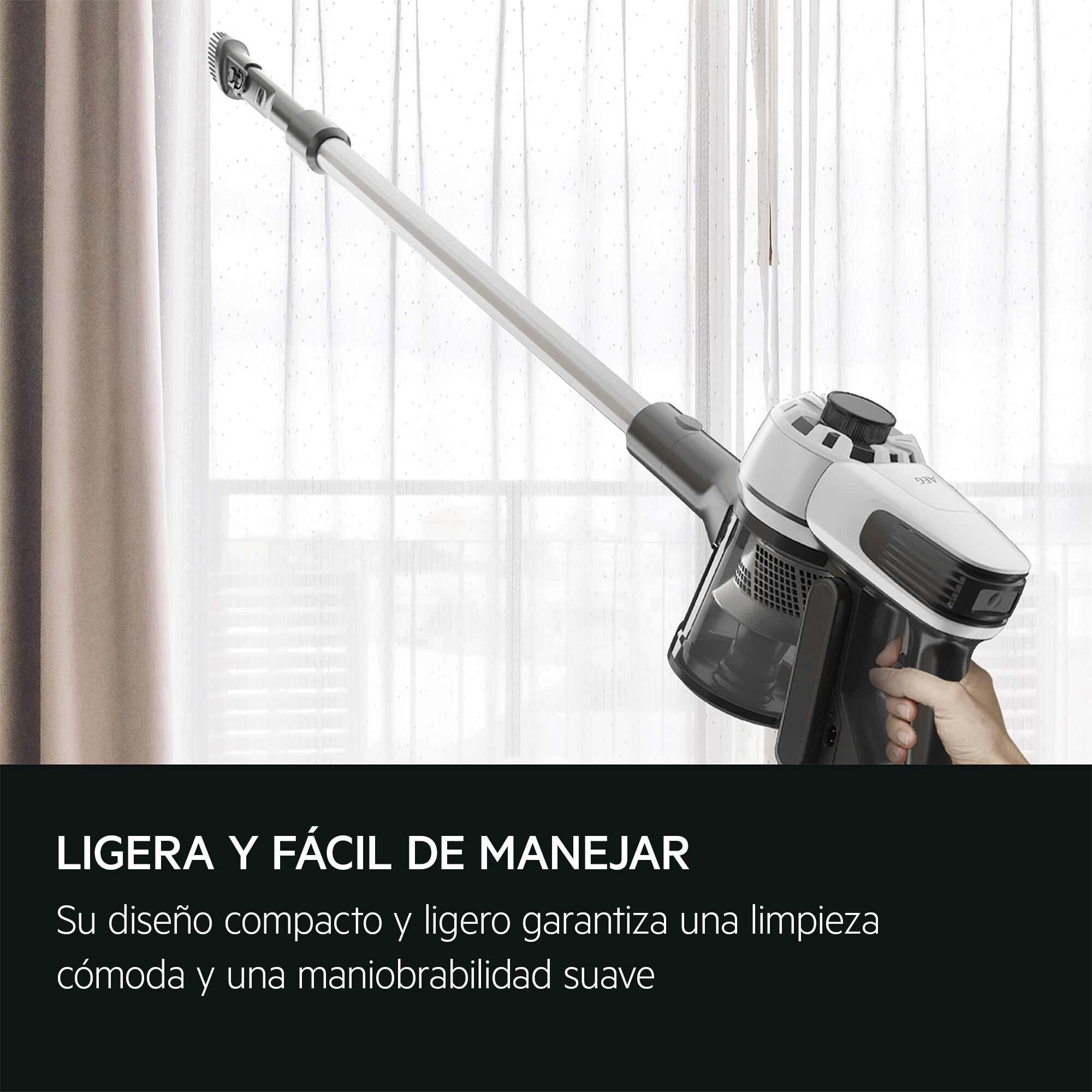 Una aspiradora inalámbrica en uso. El texto dice "LIGERA Y FÁCIL DE MANEJAR".