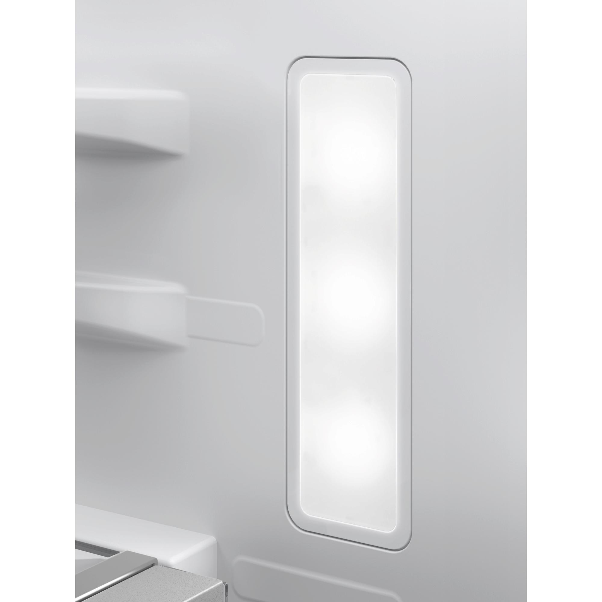 Binnenkant van een koelkast, met planken en een lamp. De achtergrond is een witte muur.