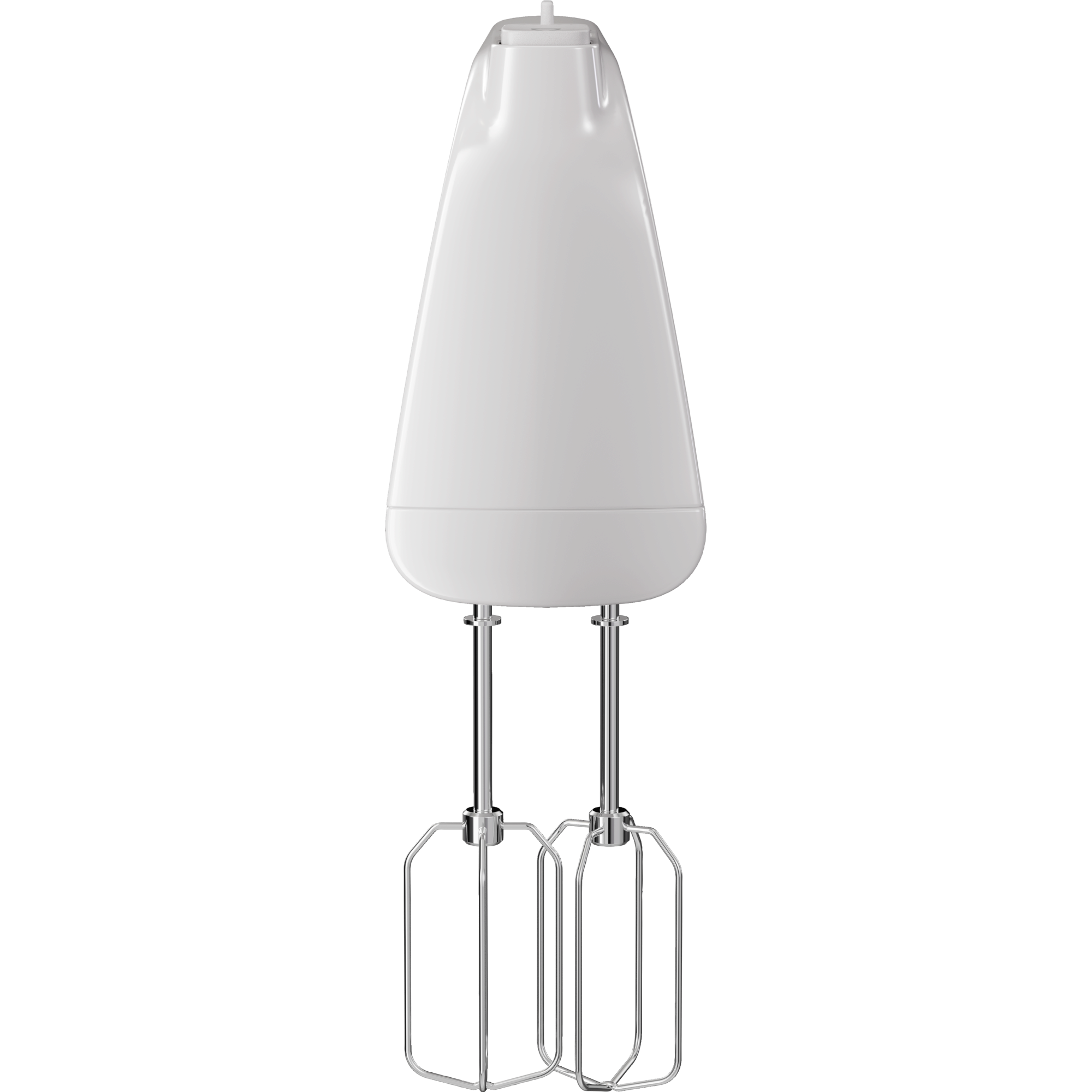 Ein weißer Handmixer mit zwei Schneebesen aus Edelstahl, vor schwarzem Hintergrund.