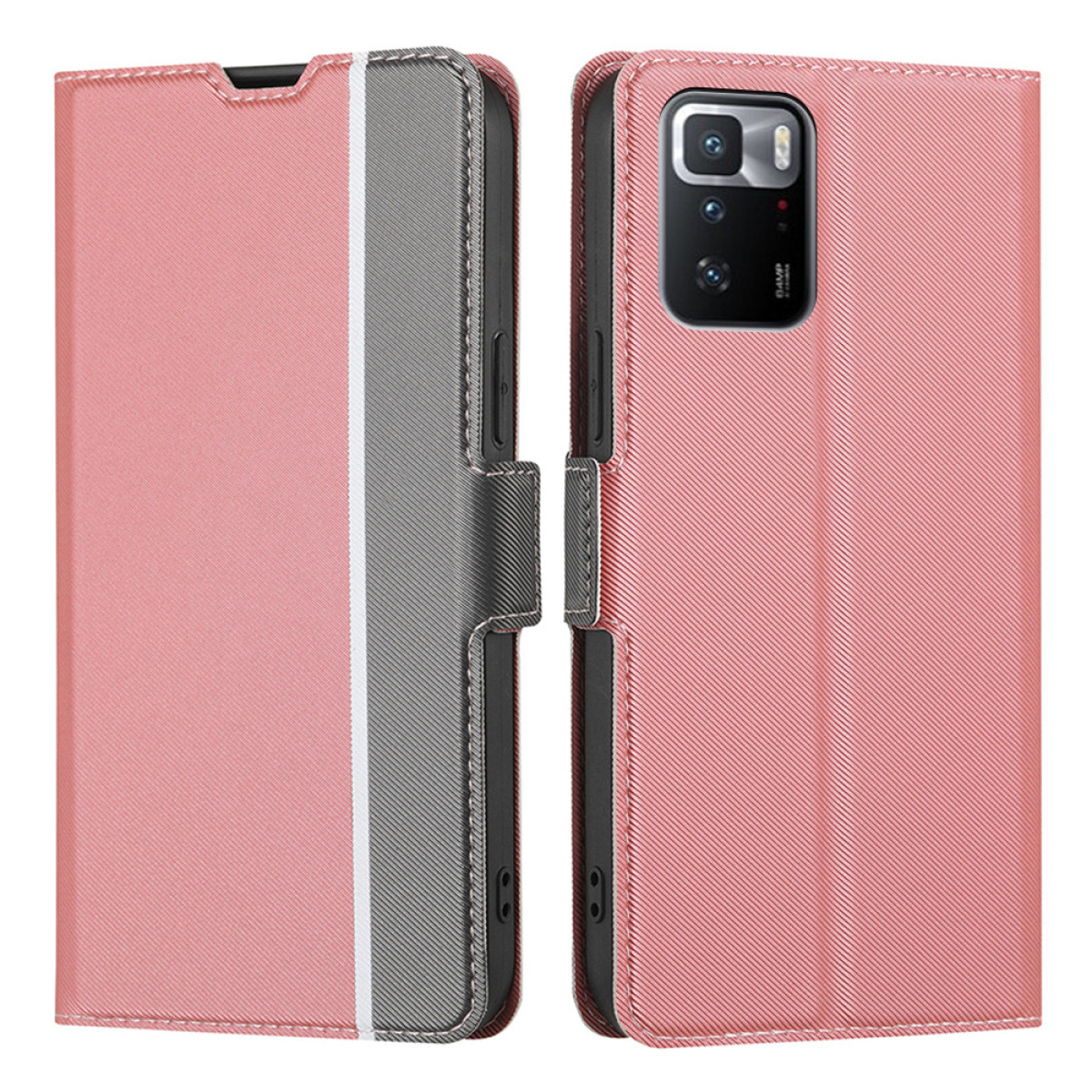 Custodia rosa per telefono, aperta, con striscia grigia e telefono dentro.