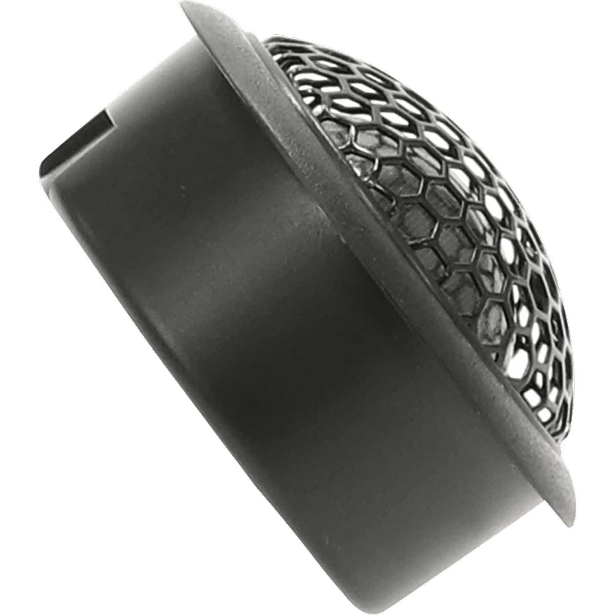 Schwarze Lautsprecherkomponente mit Wabenmuster. Die schräge Ansicht zeigt das Gitter und das schwarze Gehäuse.