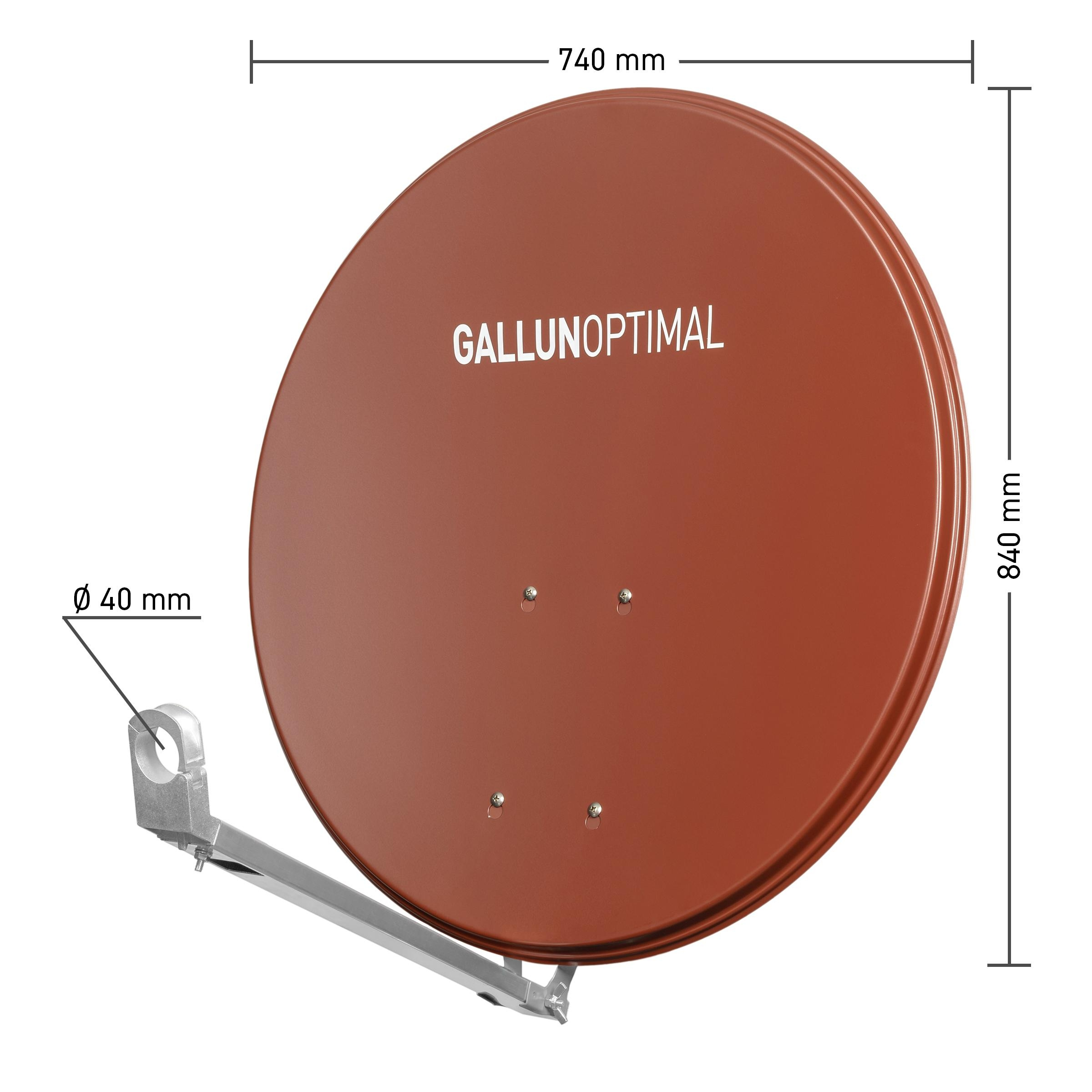 Braune Satellitenschüssel mit Haltearm, Abmessungen und dem Markennamen GALLUNOPTIMAL.