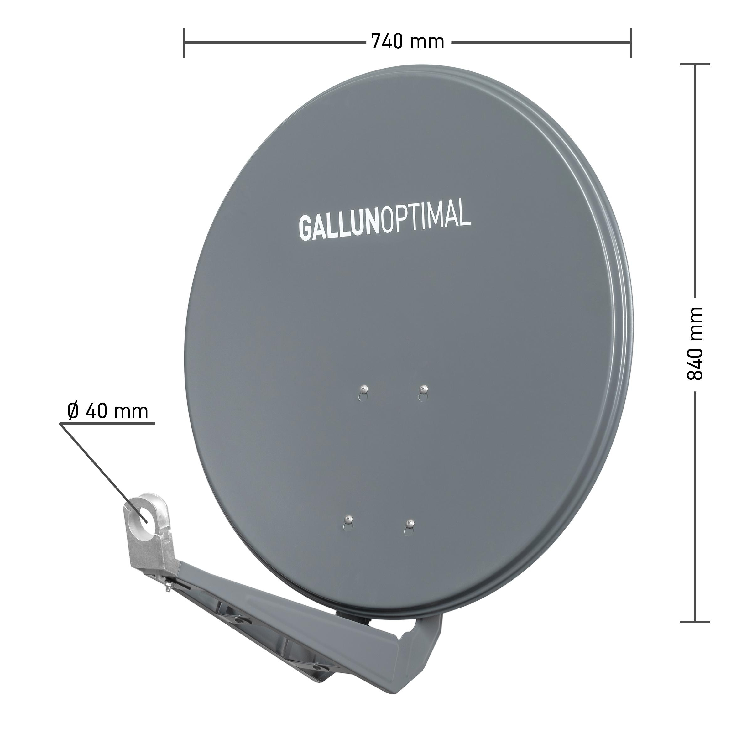 Graue Satellitenschüssel mit Abmessungen und dem Text 'GALLUNOPTIMAL'.