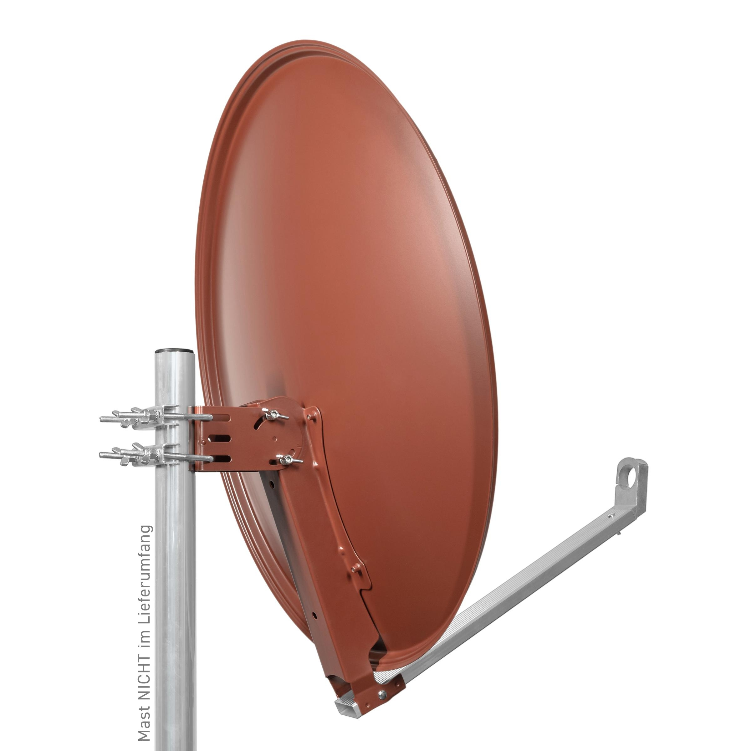 Braune Satellitenschüssel an einem Mast montiert. Die Schüssel ist zum Betrachter gerichtet.