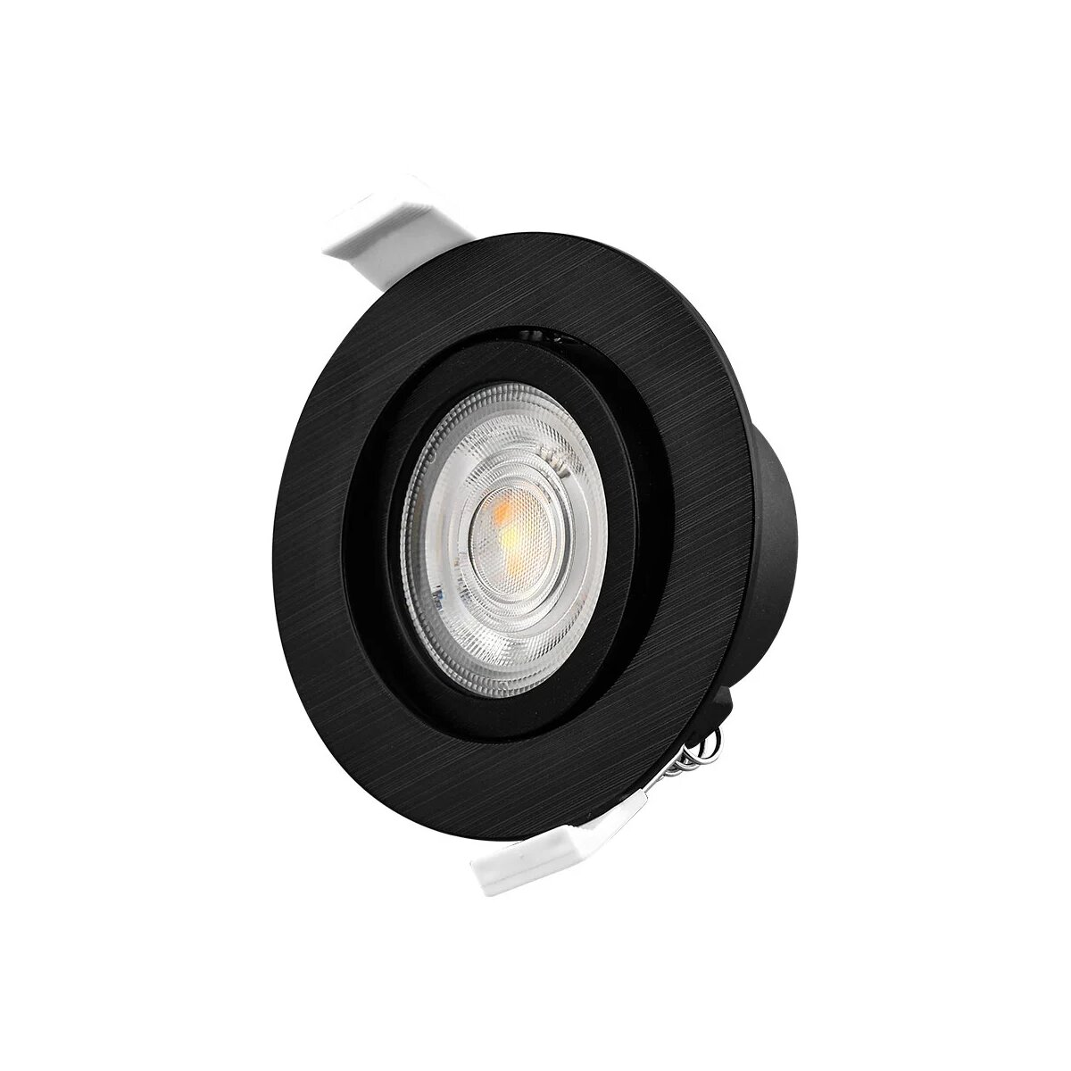 Nahaufnahme eines schwarzen, eingelassenen LED-Strahlers. Er hat ein strukturiertes Gehäuse und eine helle Lichtquelle.