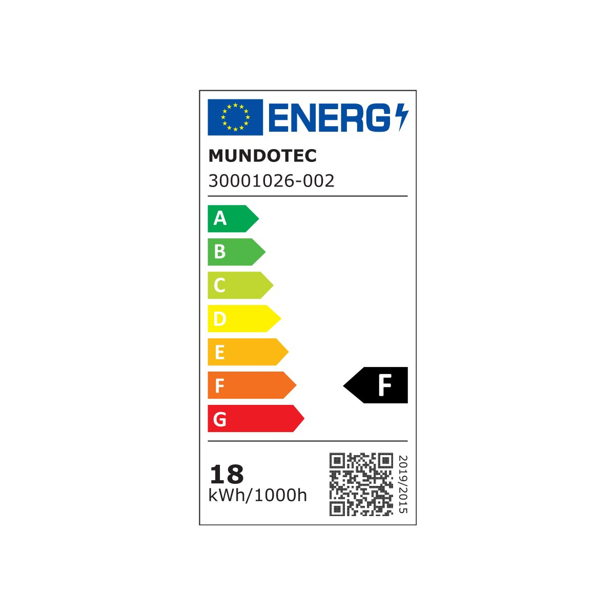 Ein Energielabel mit Bewertungen von A bis G, das eine Bewertung von F zeigt. Der Text lautet '18 kWh/1000h'.
