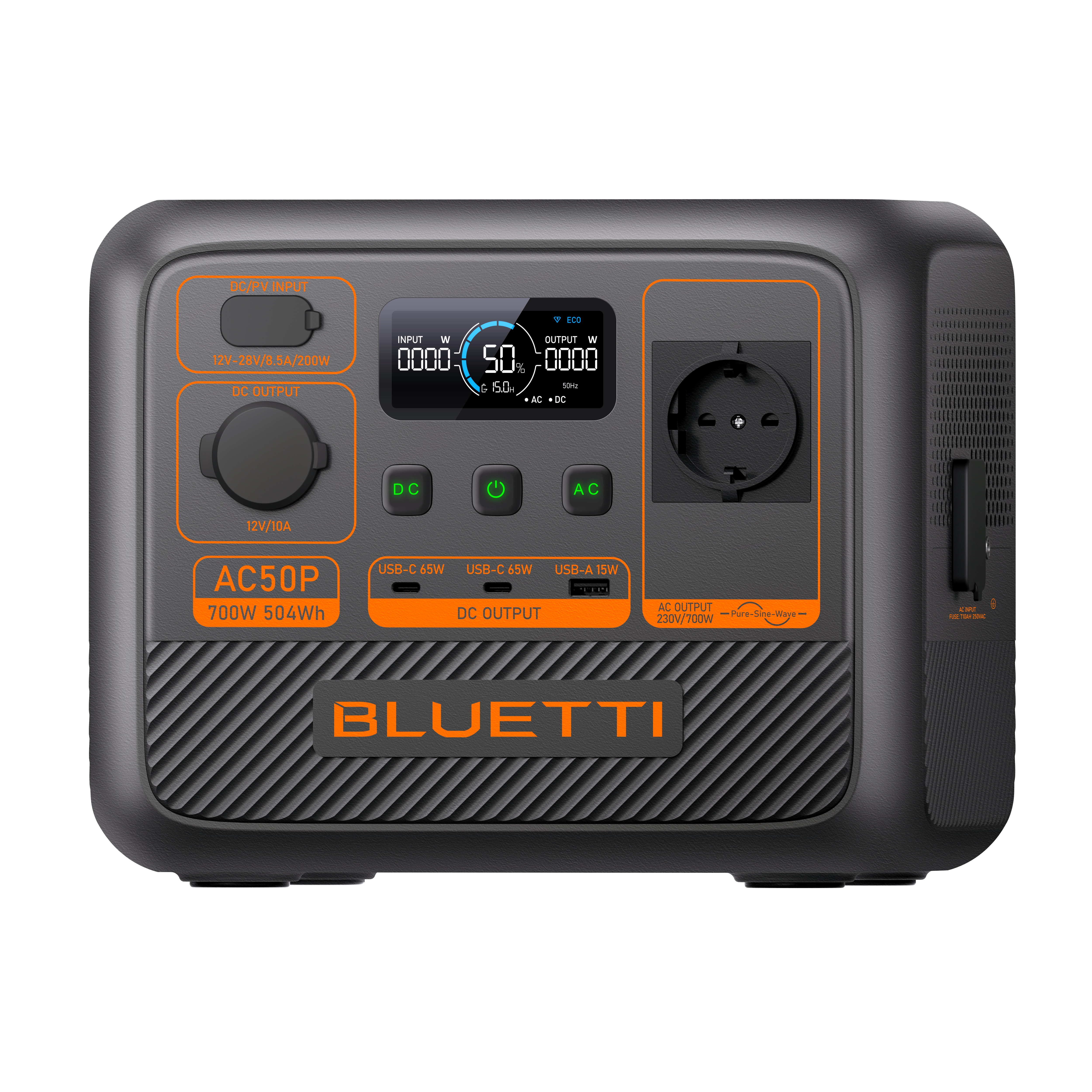 Zdjęcie czarno-pomarańczowej stacji zasilania z cyfrowym wyświetlaczem.