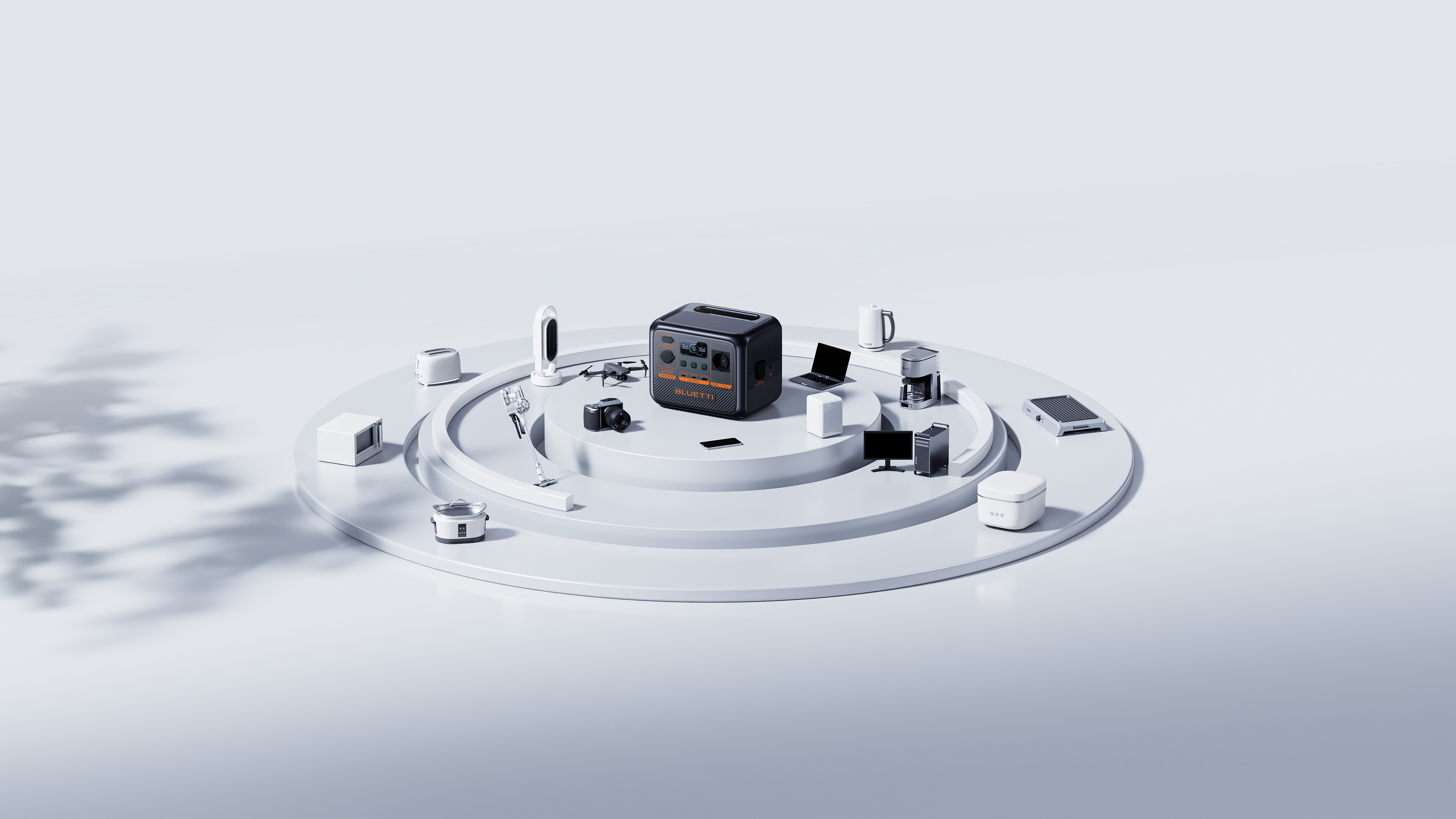 Kolekcja małych urządzeń elektronicznych na białej platformie, białe tło.