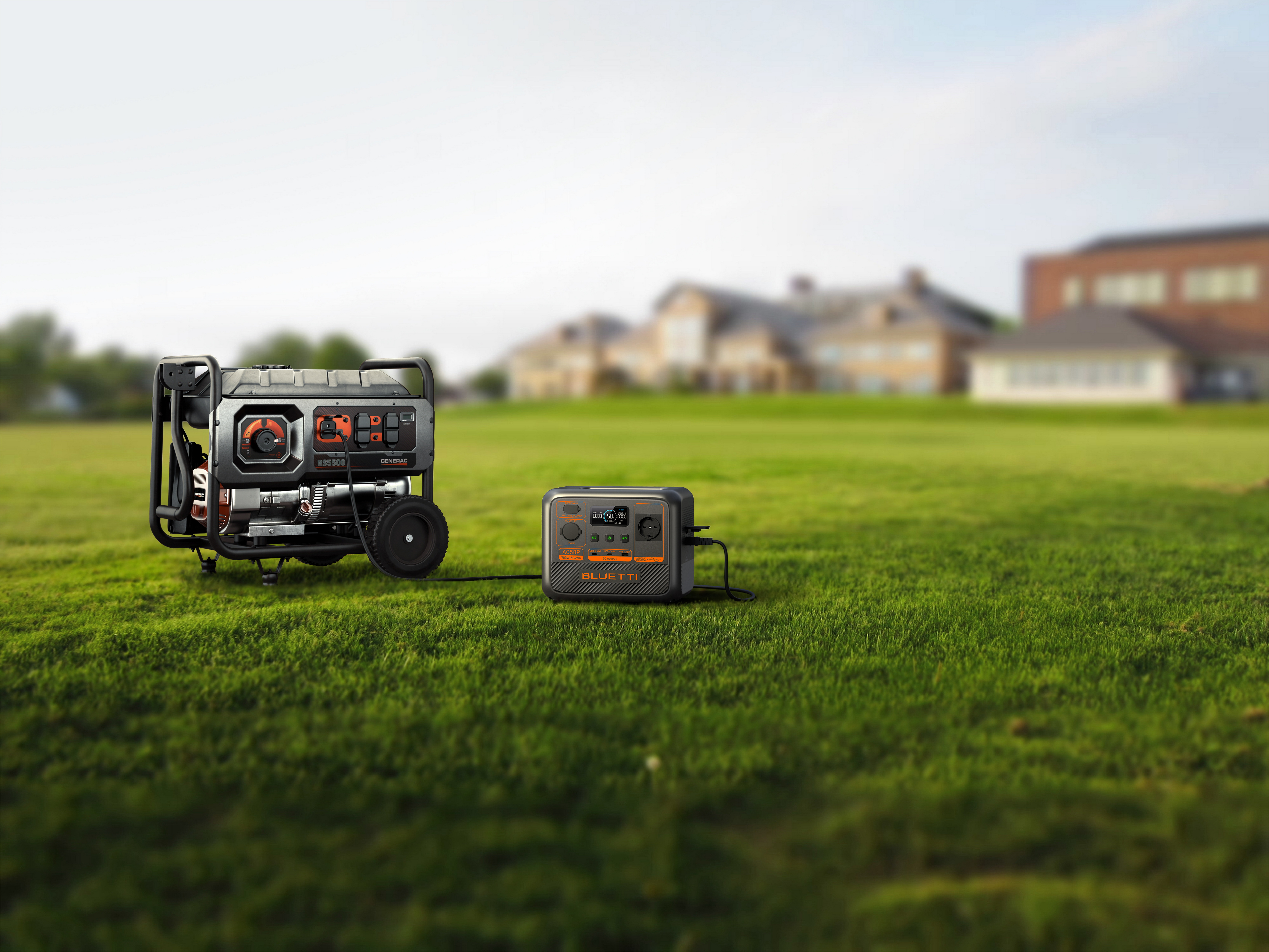 Przenośny generator i mała elektrownia na trawie, dom w rozmytym tle.