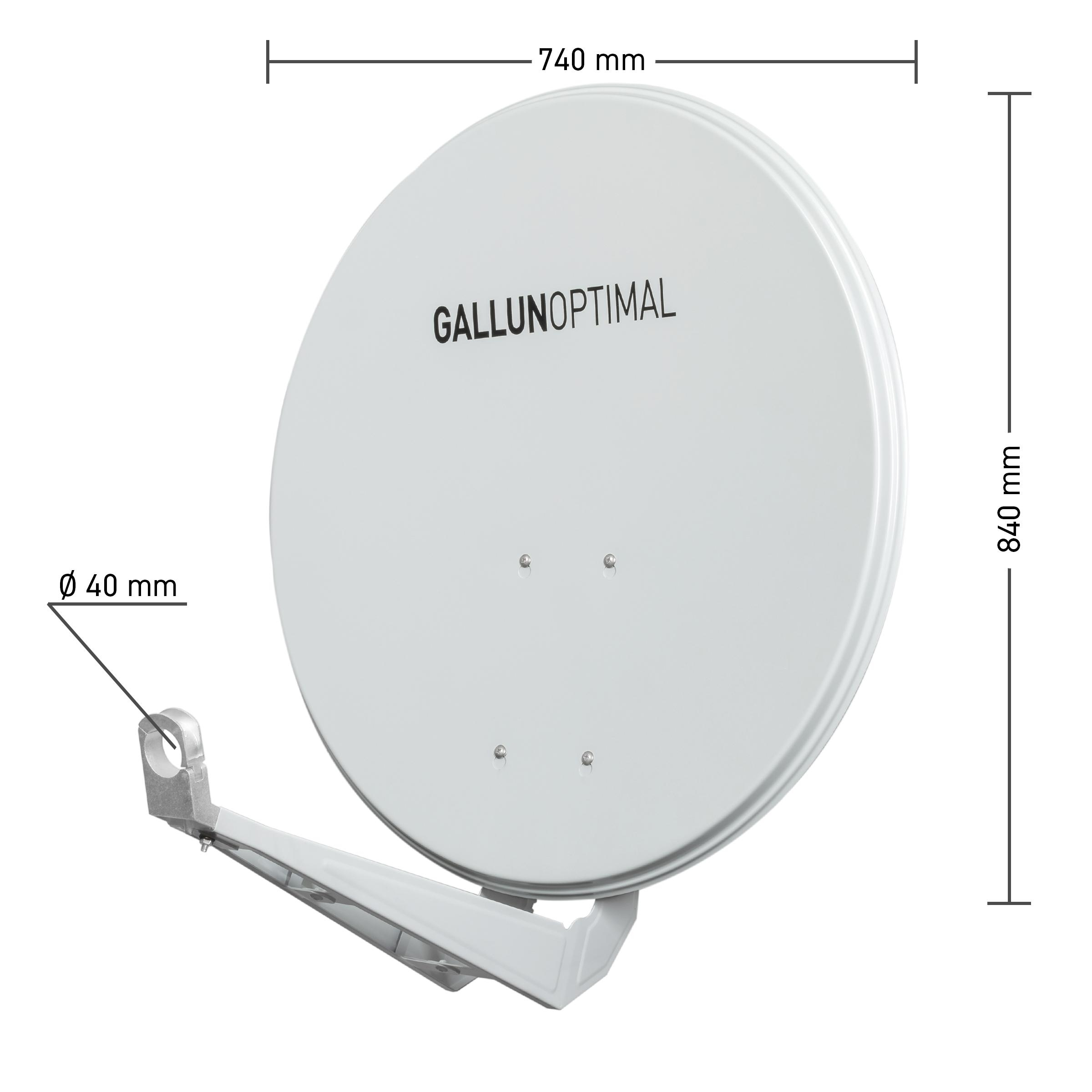 Weiße Satellitenschüssel mit Maßen. Der Text lautet „GALLUNOPTIMAL“. Abmessungen: 740 mm, 840 mm und 40 mm.