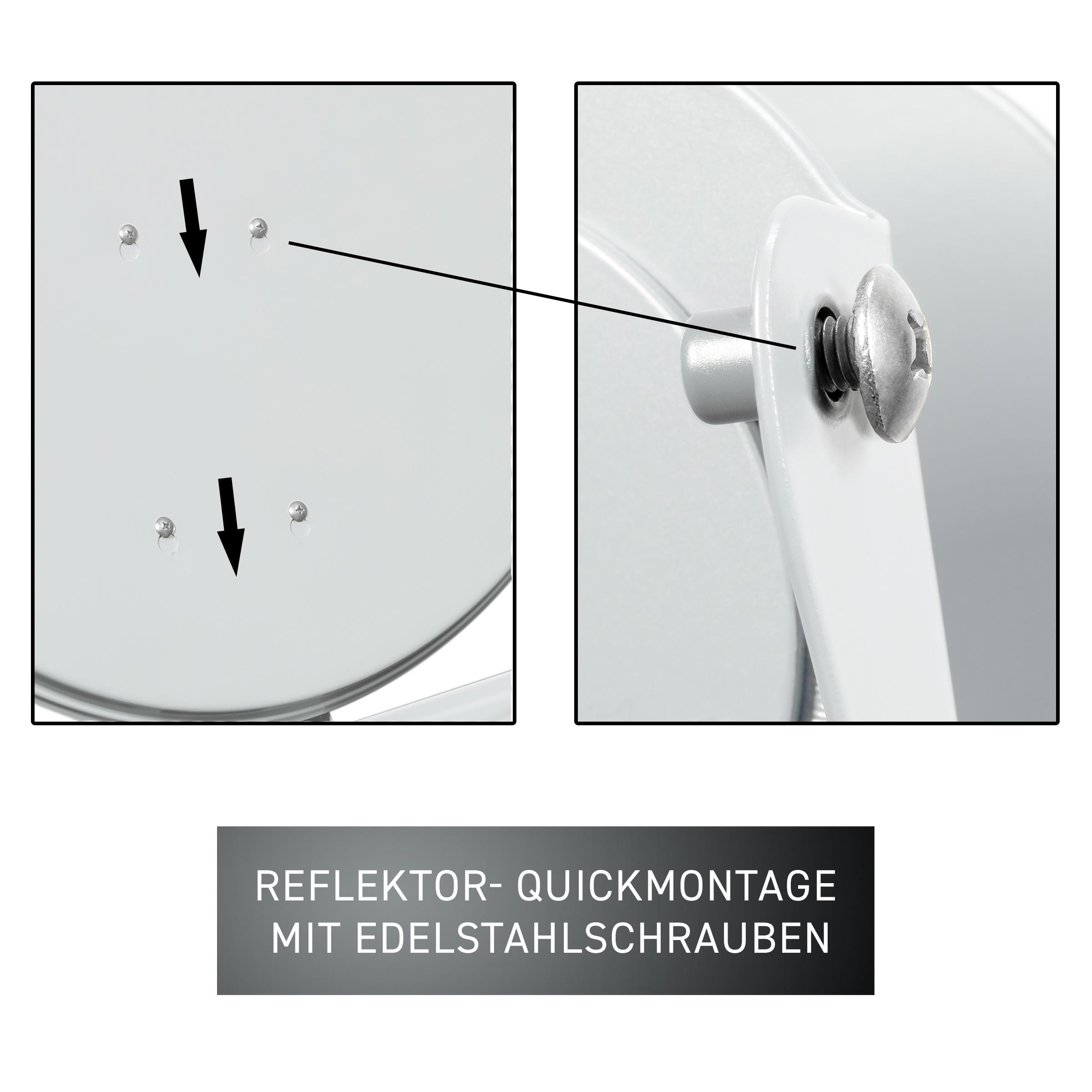 Nahaufnahme von Schrauben auf einem weißen Metallteil. Pfeile zeigen auf die Schrauben. Text: Schnellmontage.
