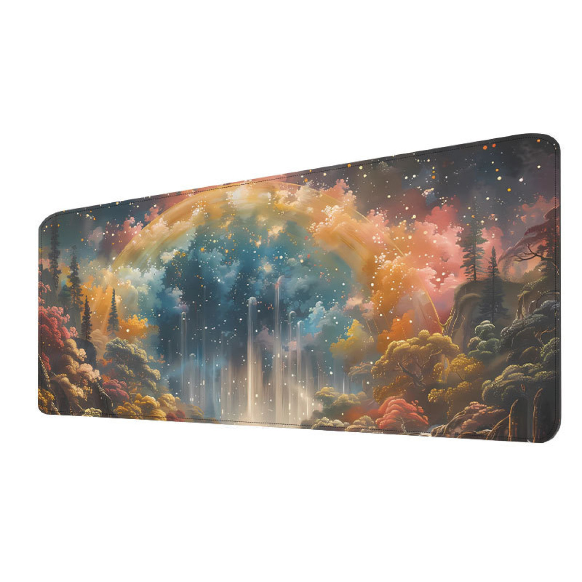 Mauspad mit farbenfrohem Landschaftsdesign: Regenbogen, Wald und Sternenhimmel.