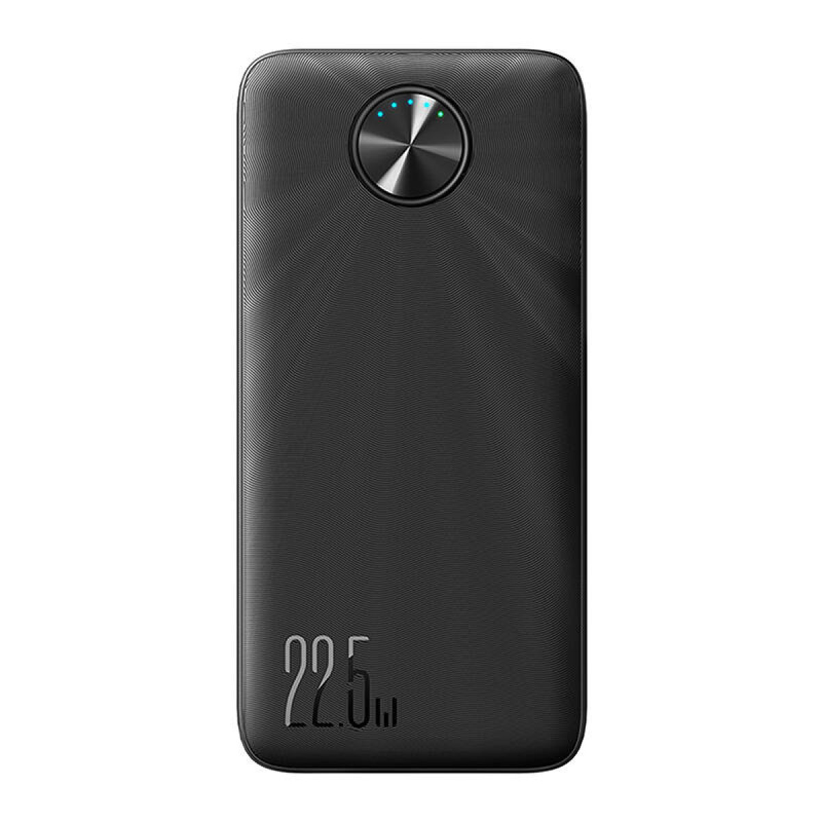 Schwarze Powerbank mit kreisförmiger Taste und der Zahl 22,5.