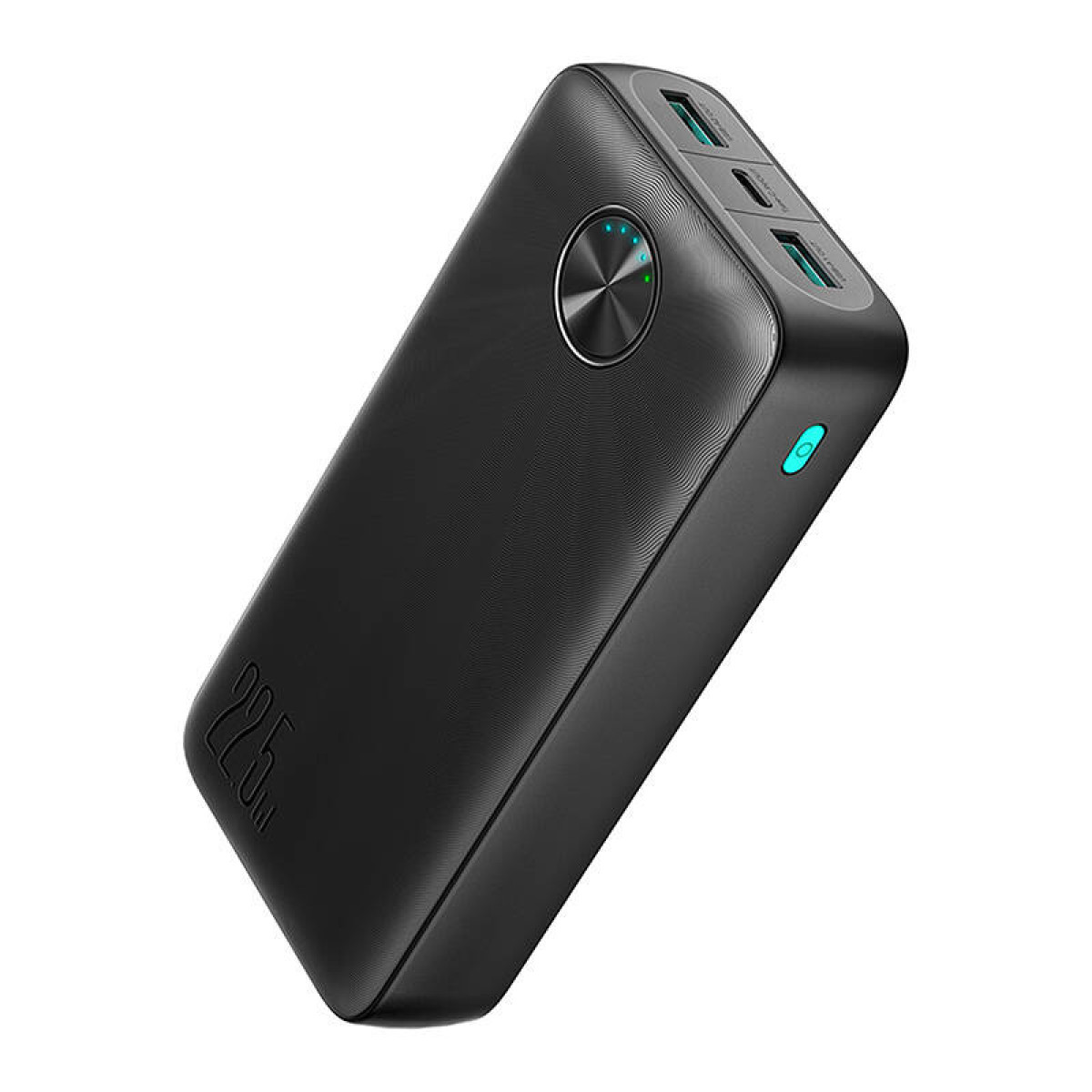 Schwarze Powerbank mit mehreren Anschlüssen und Display.