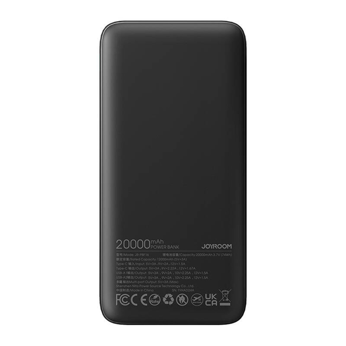 Eine schwarze Powerbank mit Spezifikationen auf der Oberfläche, einschließlich der Marke Joyroom.
