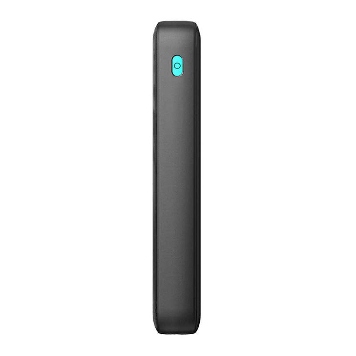 Eine schwarze, rechteckige Powerbank mit einem blauen Licht oben.