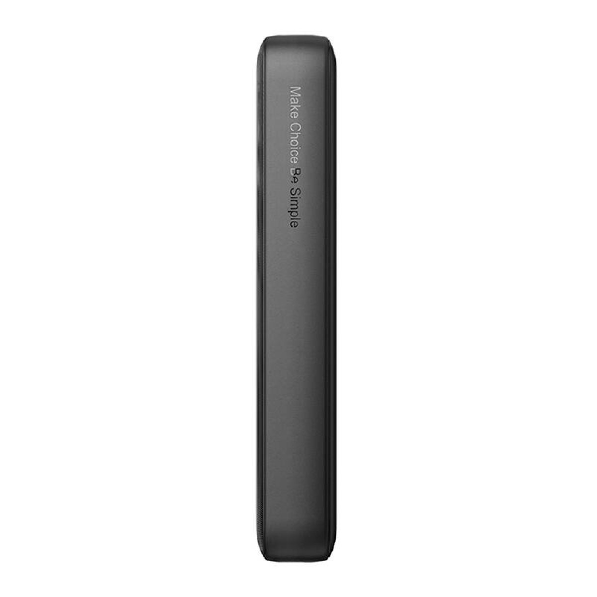 Eine schwarze, rechteckige Powerbank. Auf der Seite steht "Make Choice Be Simple".