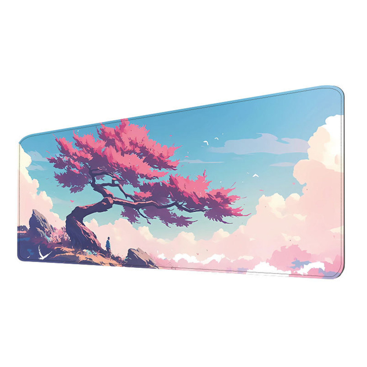 Tappetino per mouse con scena di albero di ciliegio rosa e una persona. Cielo blu.