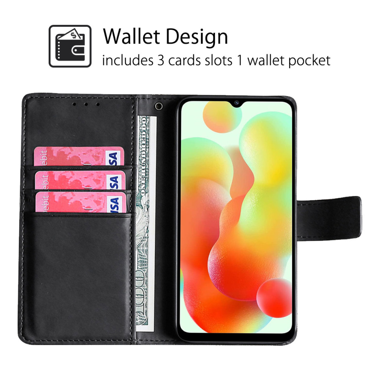 Custodia nera con design a portafoglio, telefono con sfondo colorato, bianco.