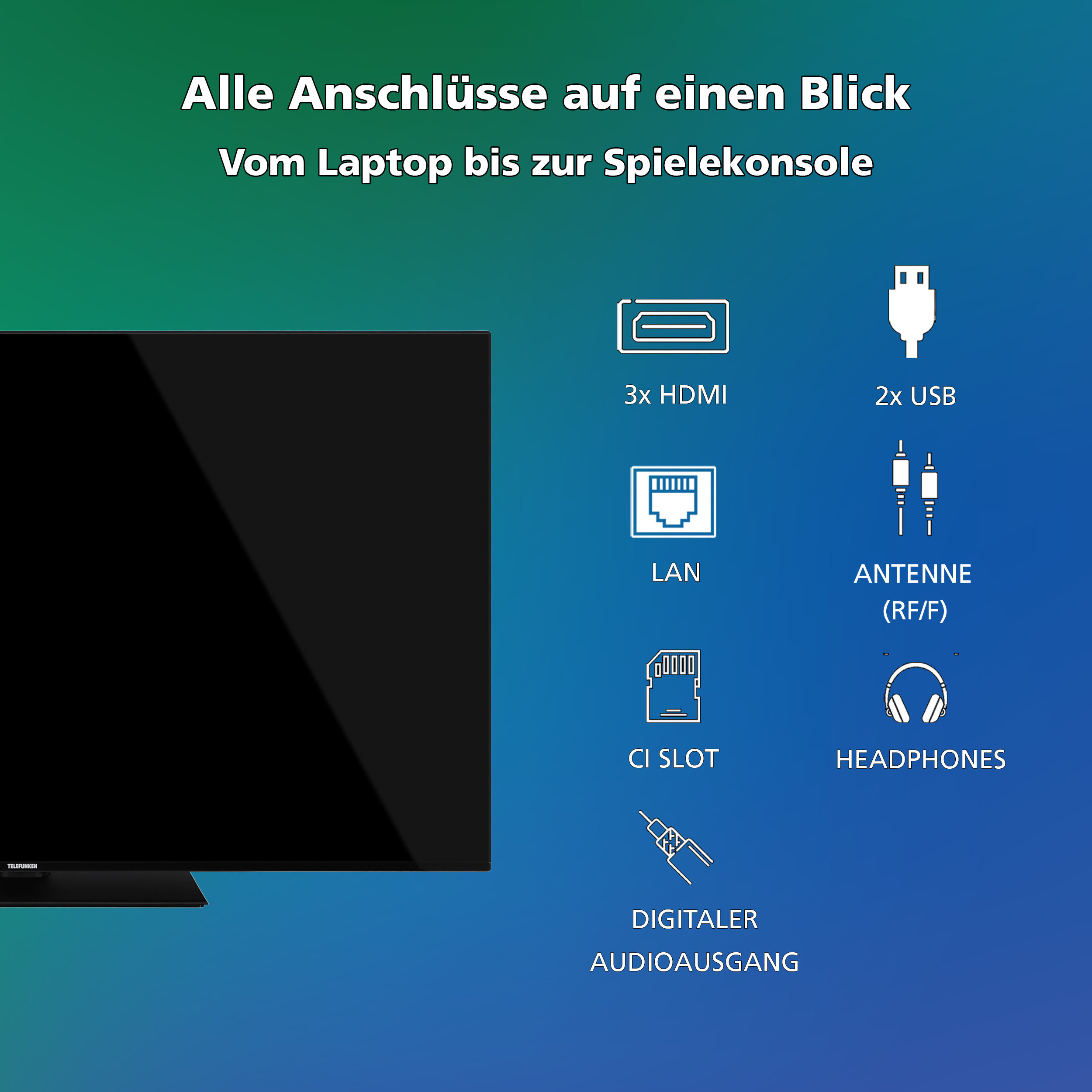 TV-Bildschirm mit Anschlüssen. HDMI, USB, LAN, Antenne, CI-Slot, Kopfhörer und Digital Audio.